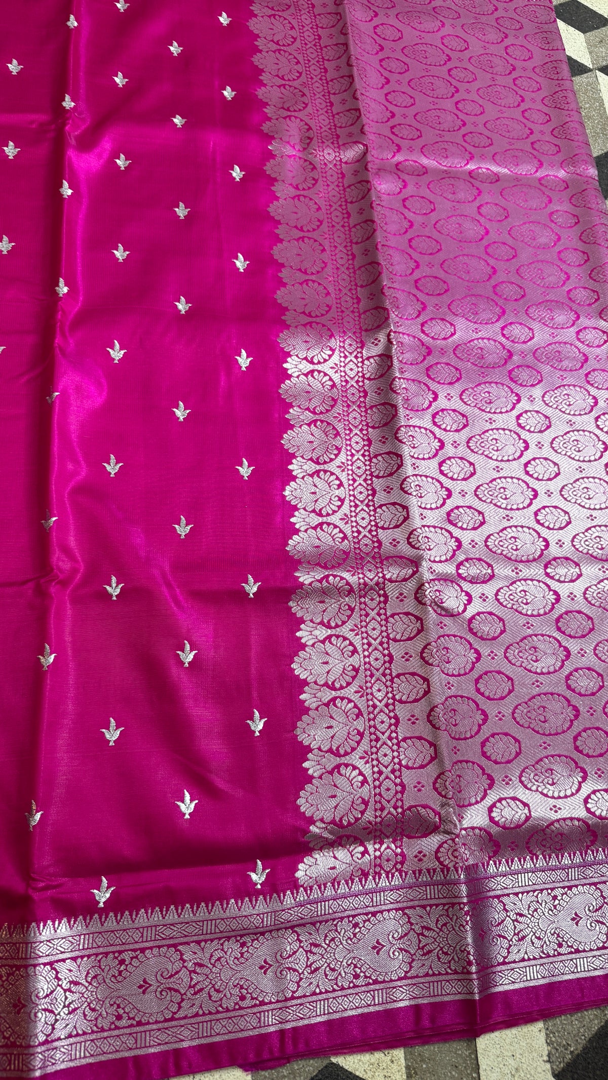 Rani Pink Satin Silk Saree, Silver Zari Border, Floral Motifs, Wedding Wear