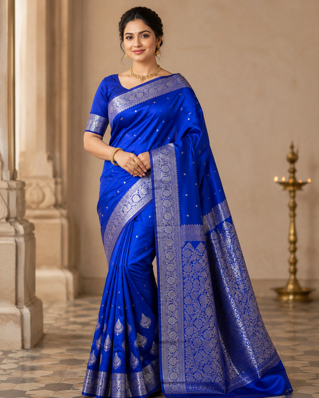 Royal Blue Satin Silk Saree, Silver Zari Border, Festive Indian Wedding Wear