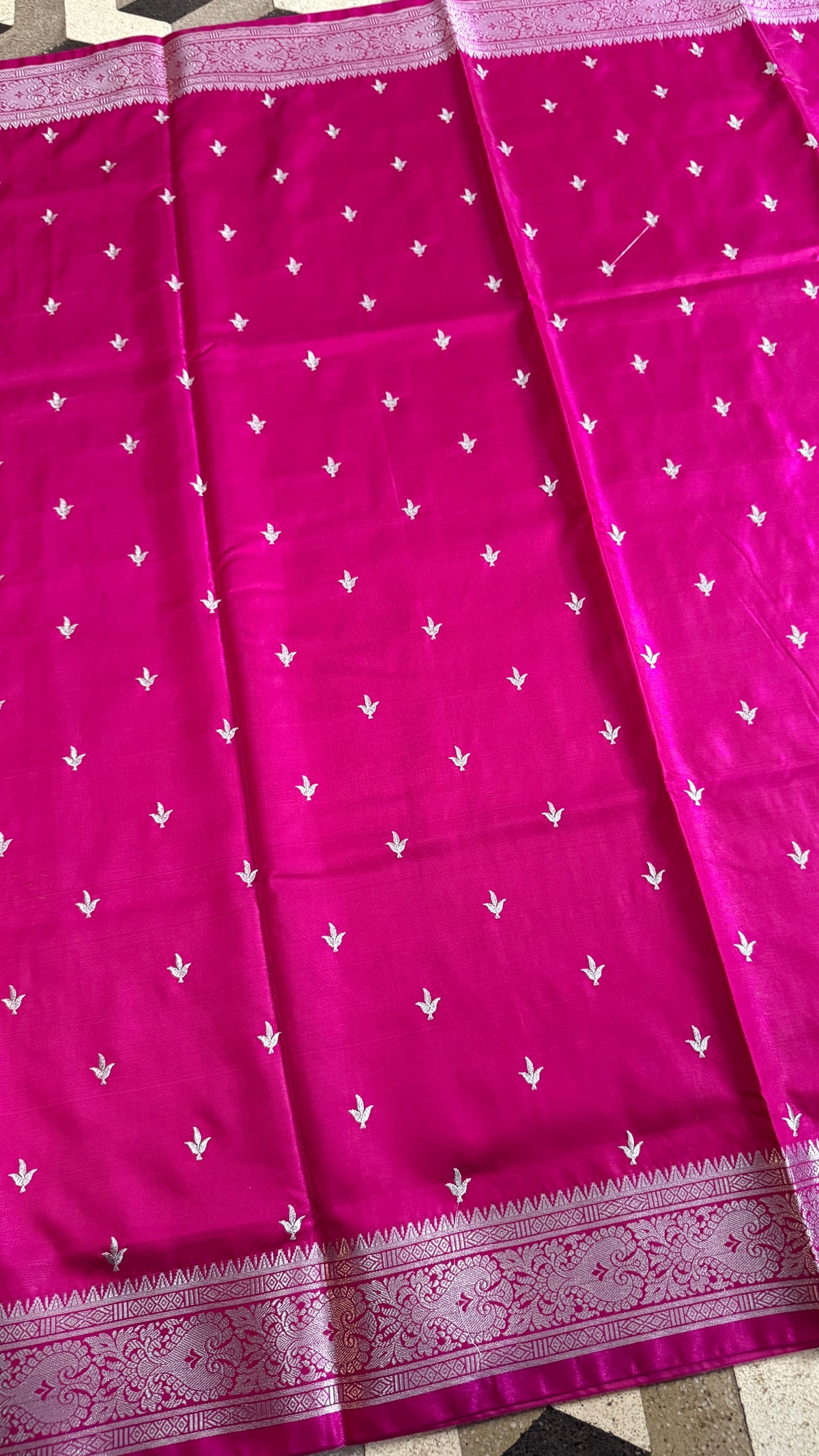 Rani Pink Satin Silk Saree, Silver Zari Border, Floral Motifs, Wedding Wear