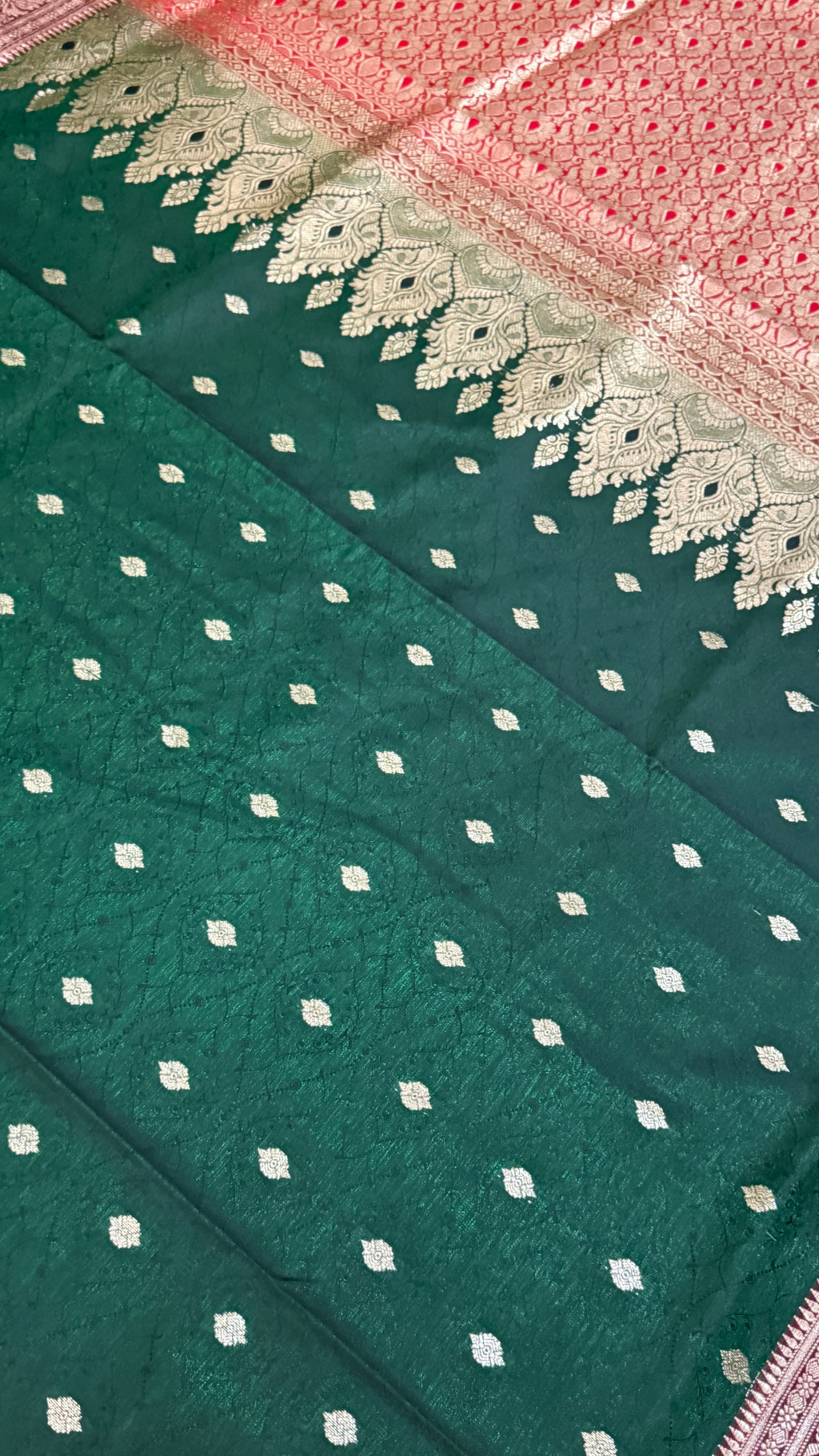Emerald Green Banarasi Silk Saree, Rose Gold Zari Woven Border, Indian Wedding Festive Wear