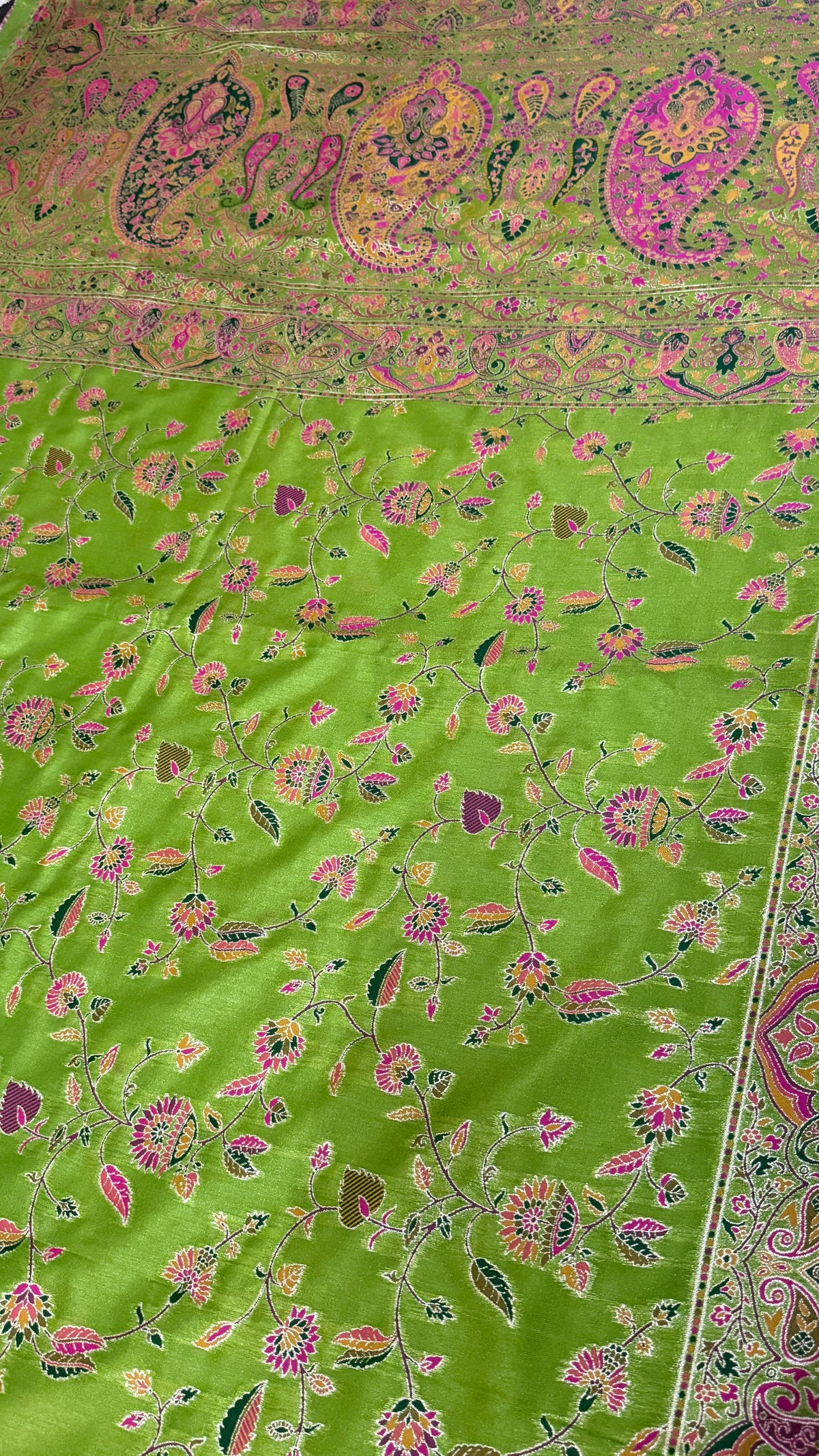 Green Pashmina Silk Saree, Kashmiri Floral Woven, Paisley Border, Festive Ethnic Wear
