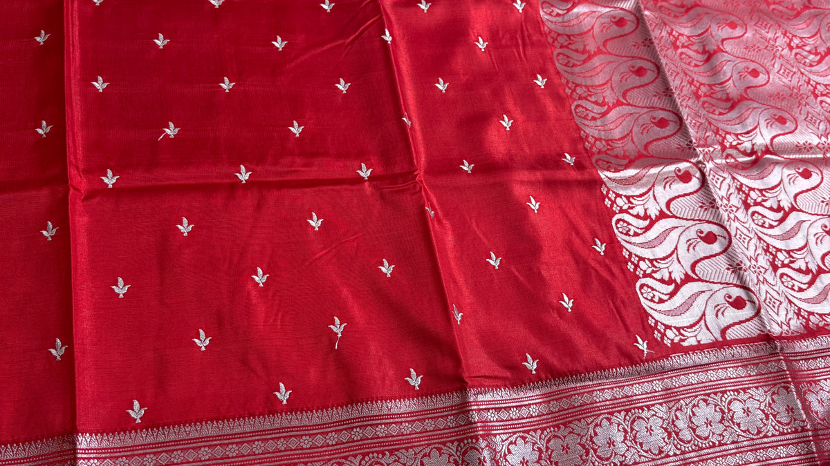 Red Satin Silk Saree, Traditional Woven Border, Festive Ethnic Wear