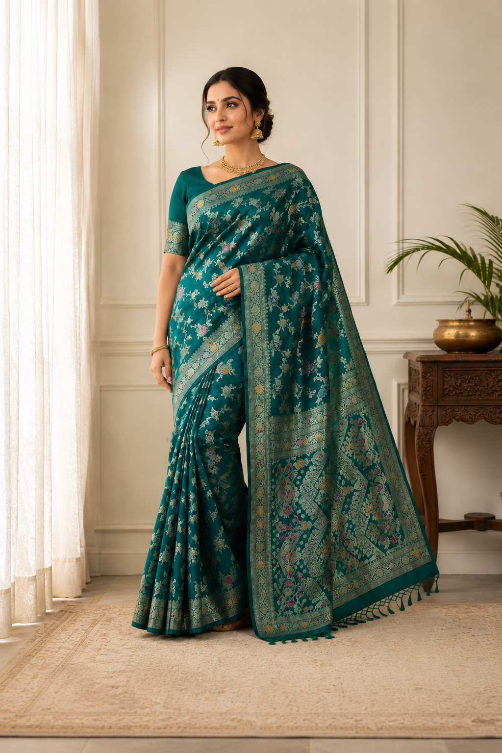 Teal Georgette Silk Saree with Elegant Woven Floral Design – Traditional Indian Ethnic Wear