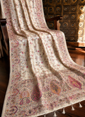 Premium Pashmina Silk Saree | Cream Floral Printed Saree with Paisley Border | Indian Ethnic Wedding & Festive Wear