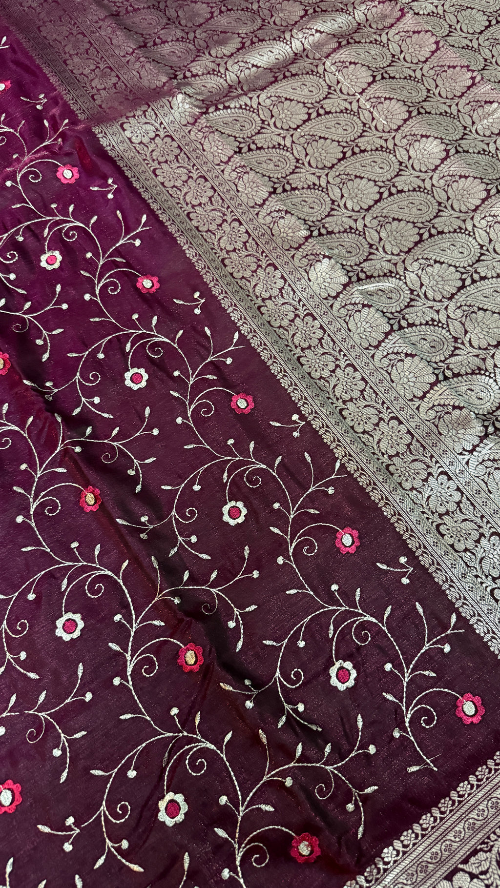 Wine Purple Satin Silk Saree, Floral Vine, Silver Border, Paisley Pallu