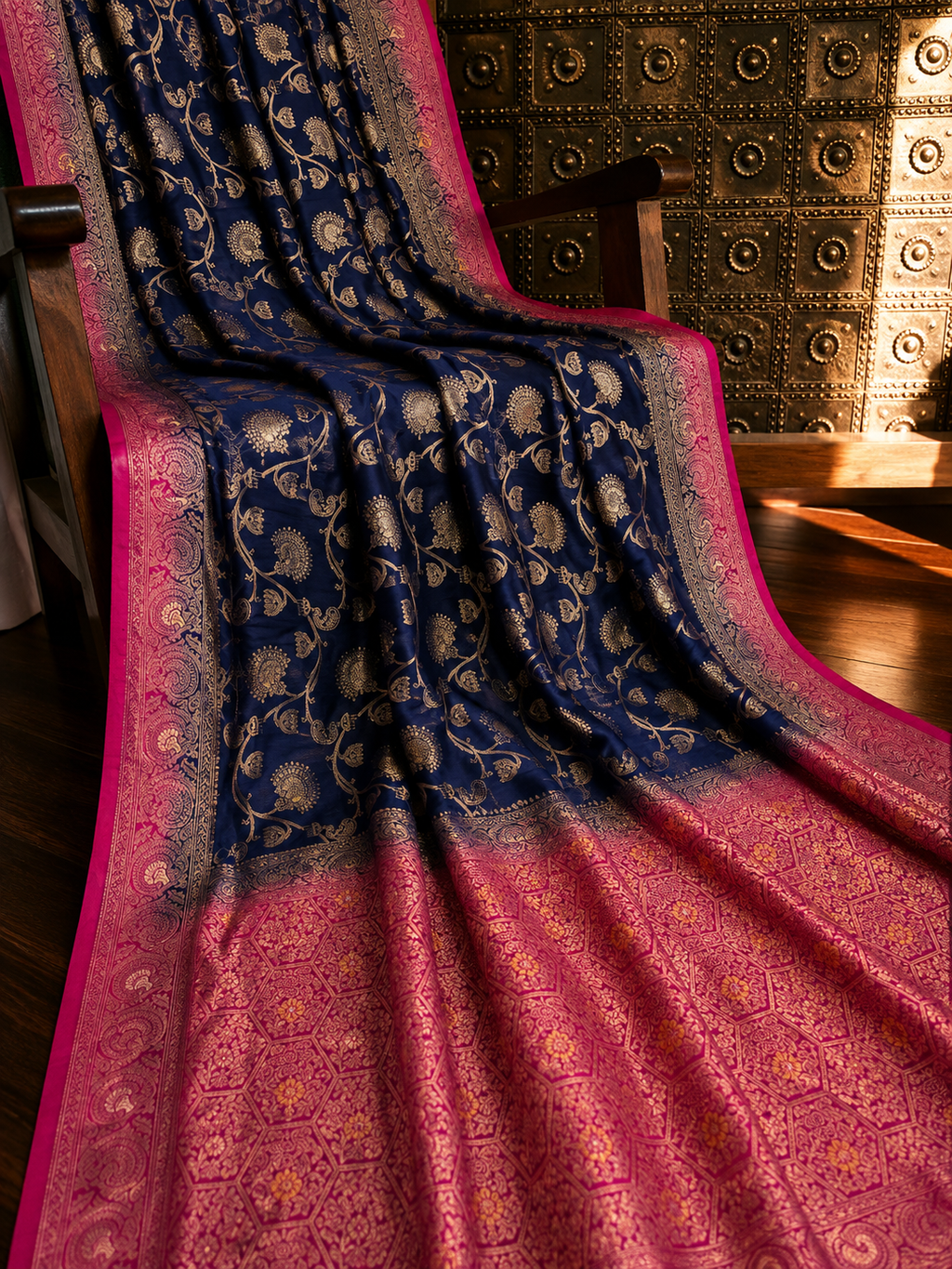 Navy Blue Dola Silk Saree, Banarasi Zari Woven, Pink Border, Floral Motifs, Festive Wear