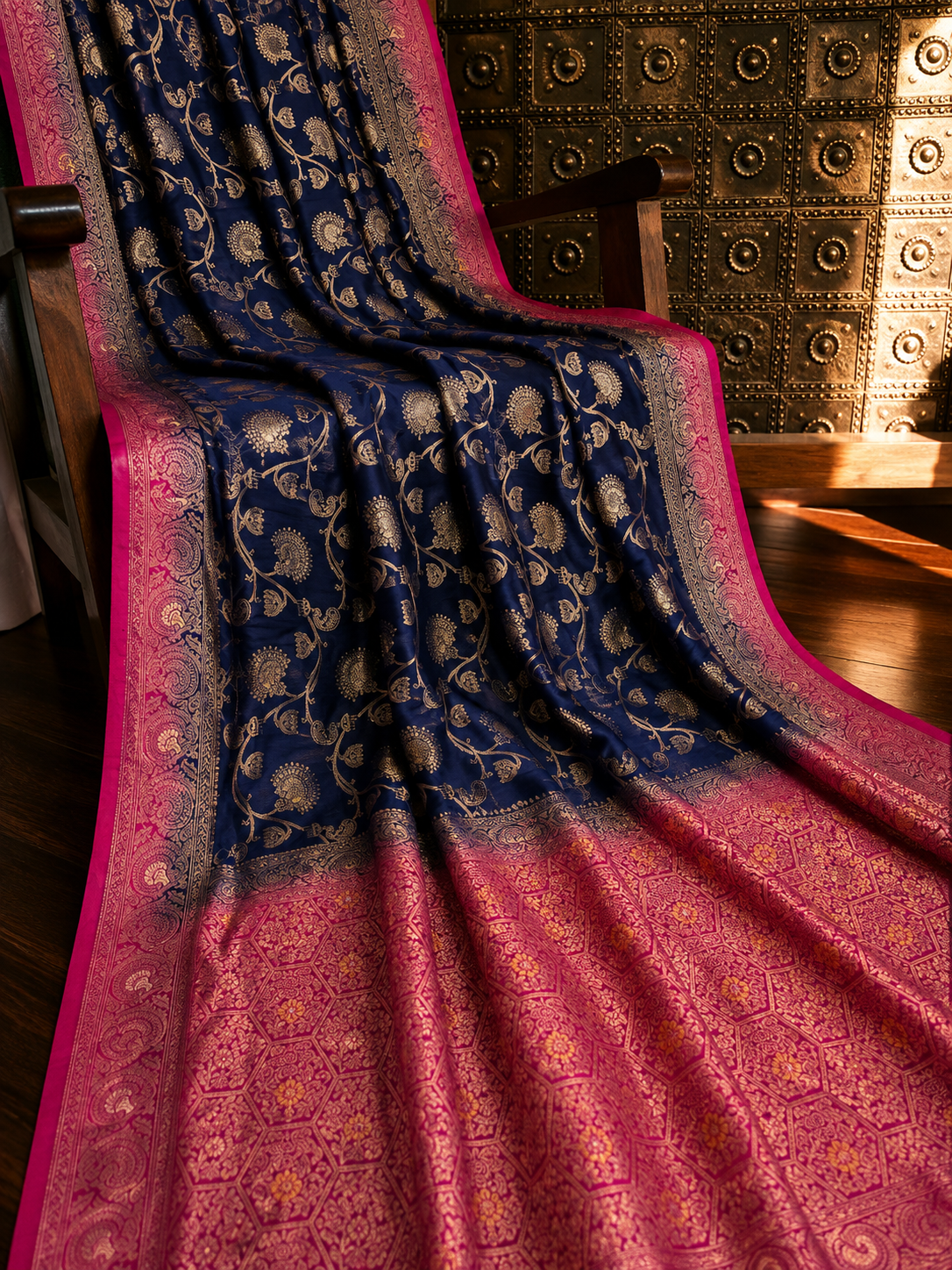 Navy Blue Dola Silk Saree, Banarasi Zari Woven, Pink Border, Floral Motifs, Festive Wear