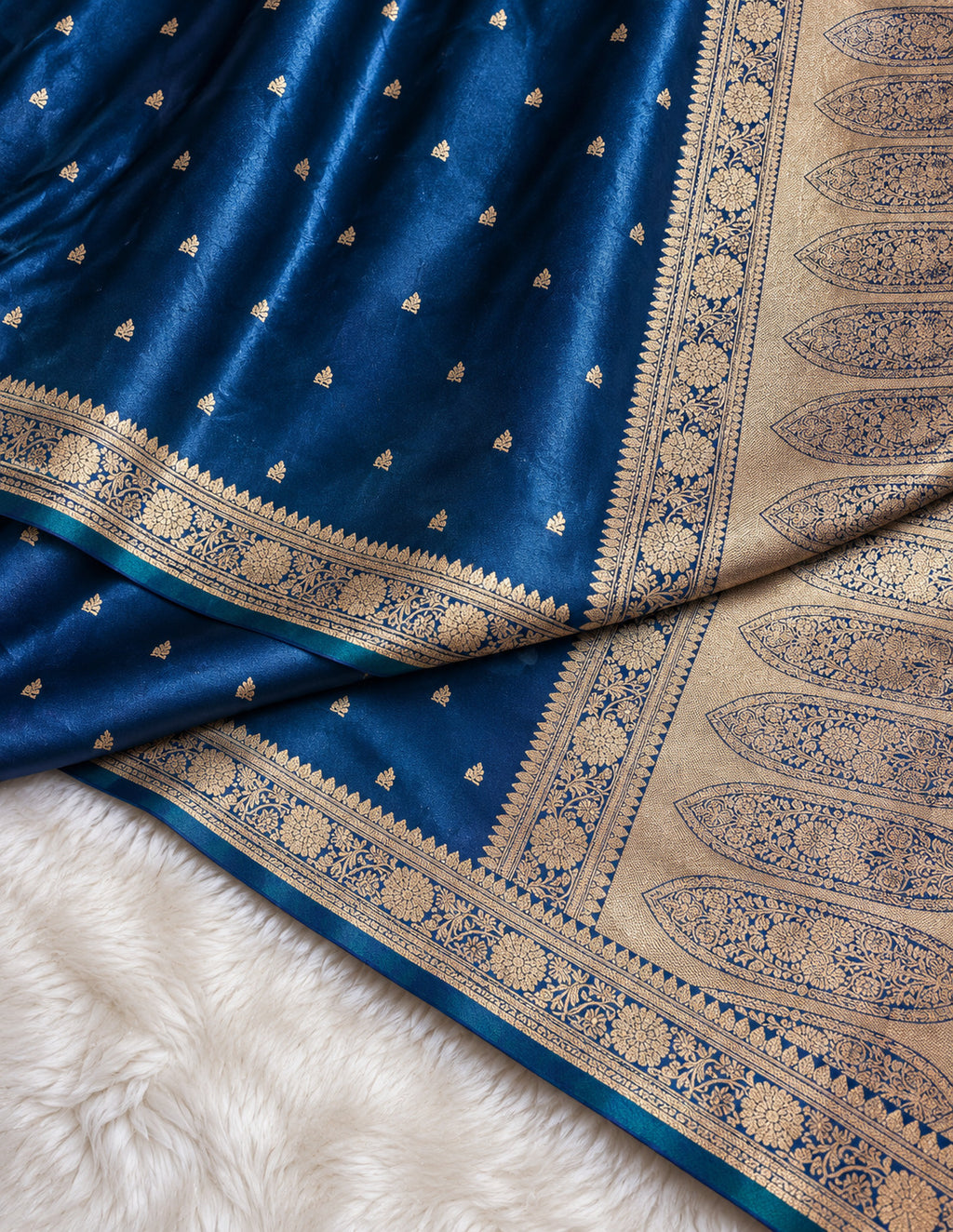 Blue Banarasi Mashru Silk Saree, Gold Zari Woven, Traditional Indian Wedding Saree