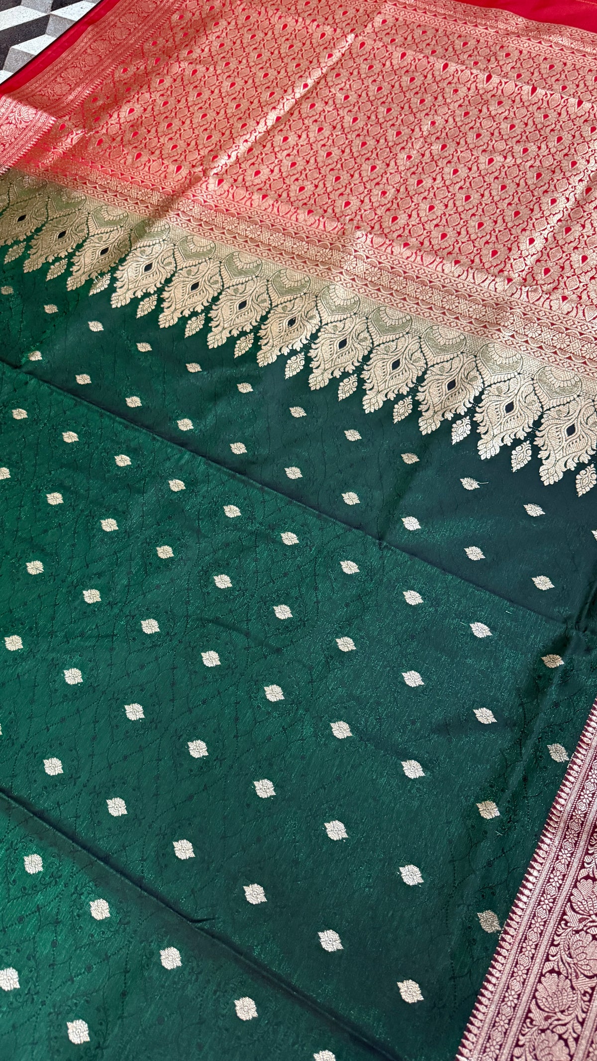 Emerald Green Banarasi Silk Saree, Rose Gold Zari Woven Border, Indian Wedding Festive Wear
