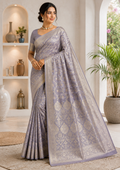 Pure Katan Silk Saree, Lavender Grey, Gold Zari Floral Weave, Indian Wedding Ethnic Wear