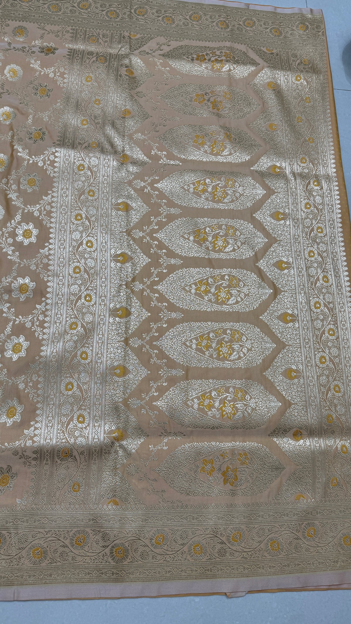 Pure Katan Silk Saree: Champagne Beige Floral Zari Woven Indian Wedding Festive Wear