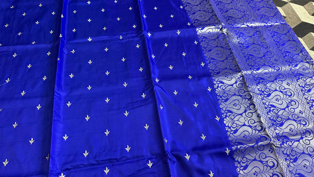 Royal Blue Satin Silk Saree, Silver Zari Border, Festive Ethnic Wear
