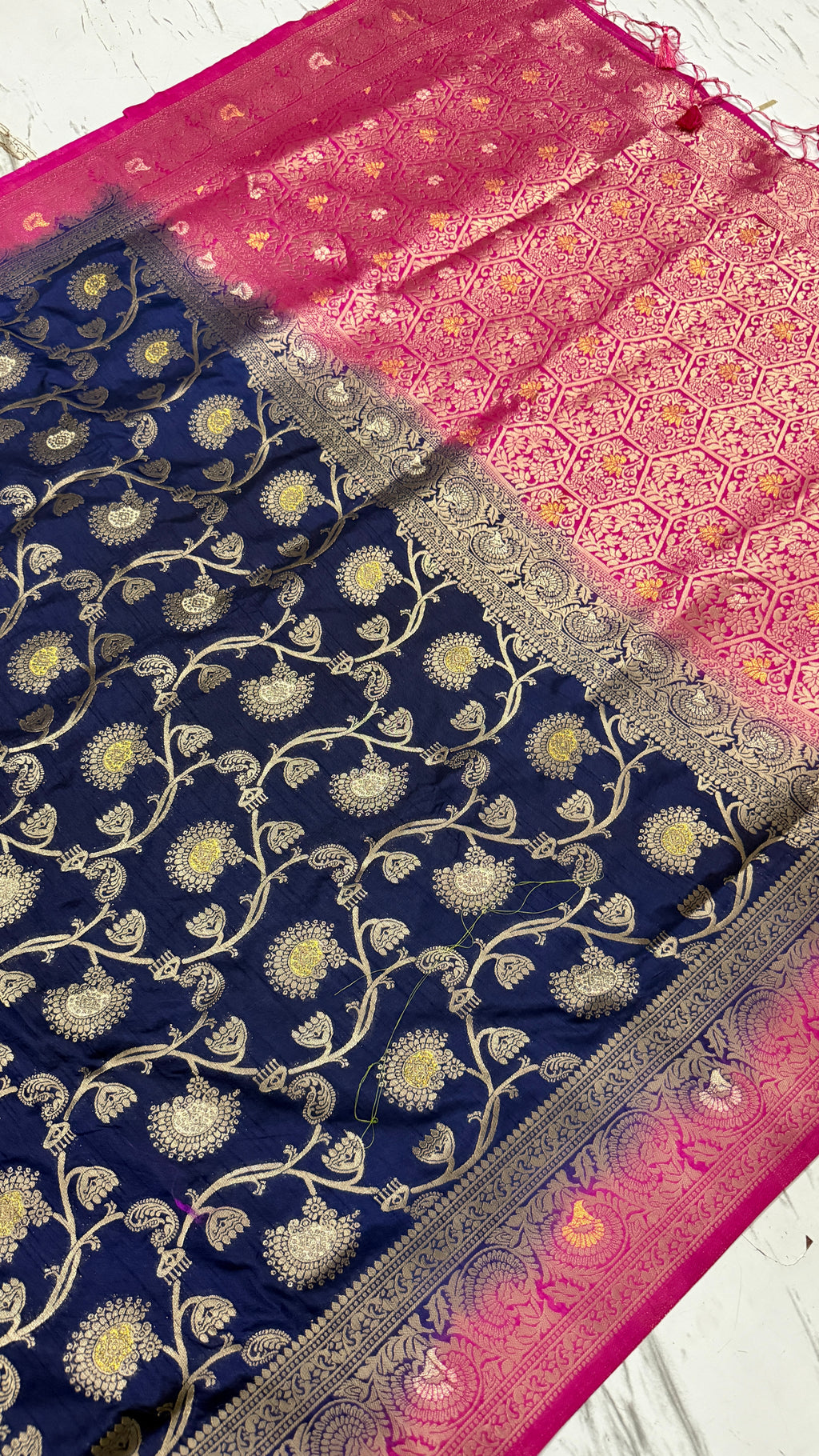 Navy Blue Dola Silk Saree, Banarasi Zari Woven, Pink Border, Floral Motifs, Festive Wear