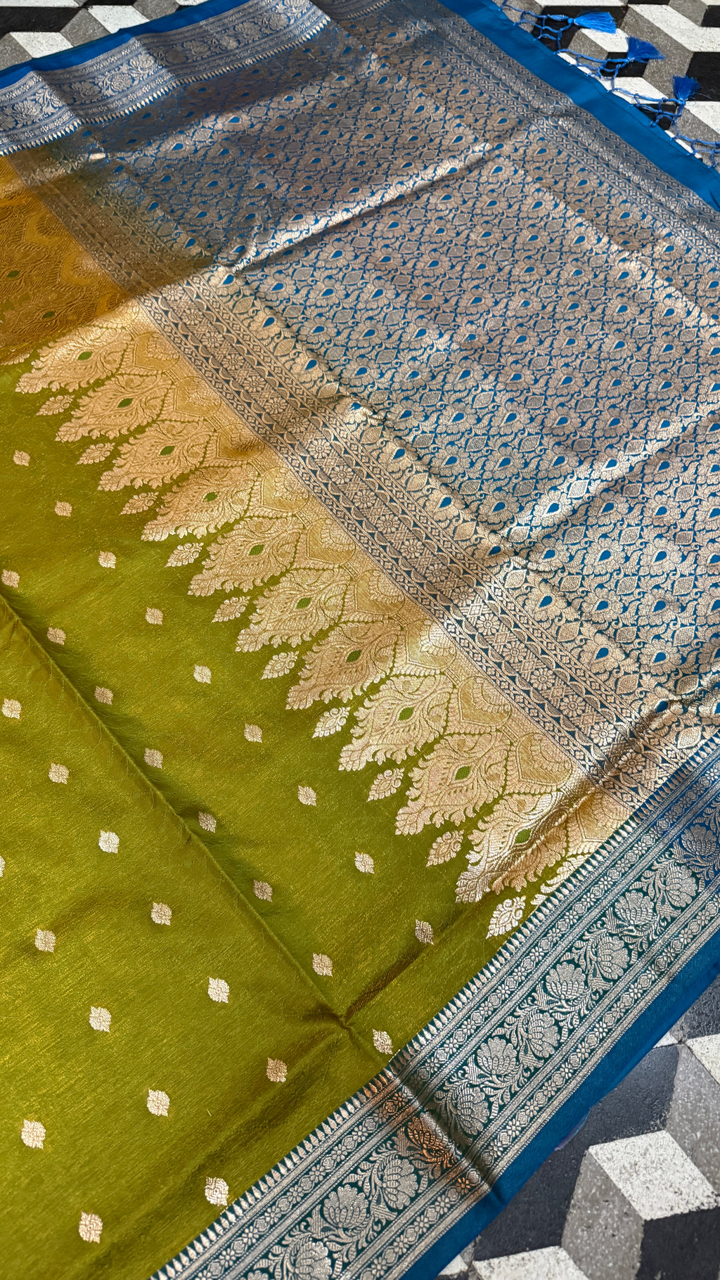 Olive Green Banarasi Silk Saree, Blue Zari Woven Border, Traditional Indian Wedding Wear