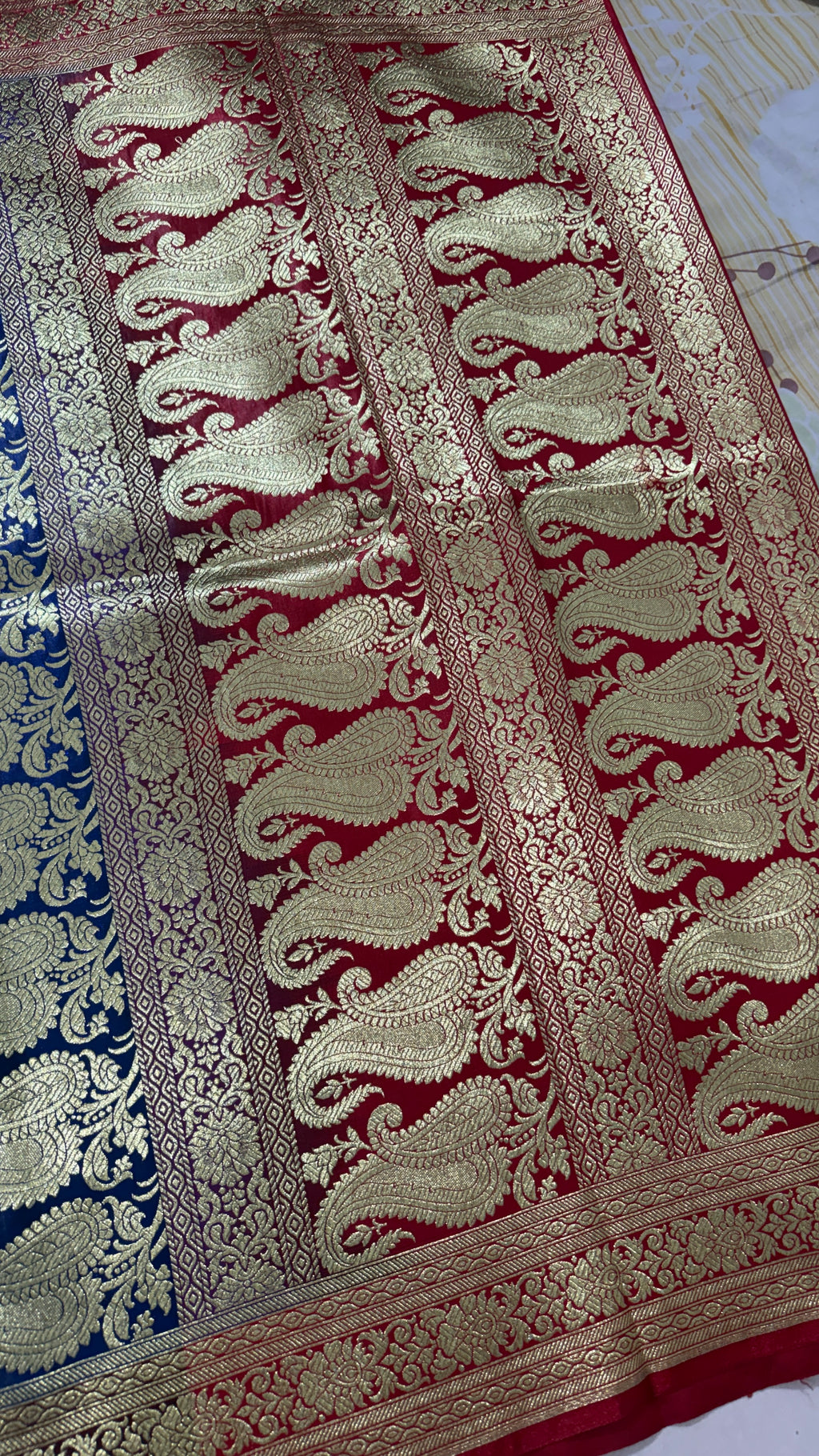 Royal Blue Red Banarasi Silk Saree, Gold Zari Floral Paisley (Wedding)
