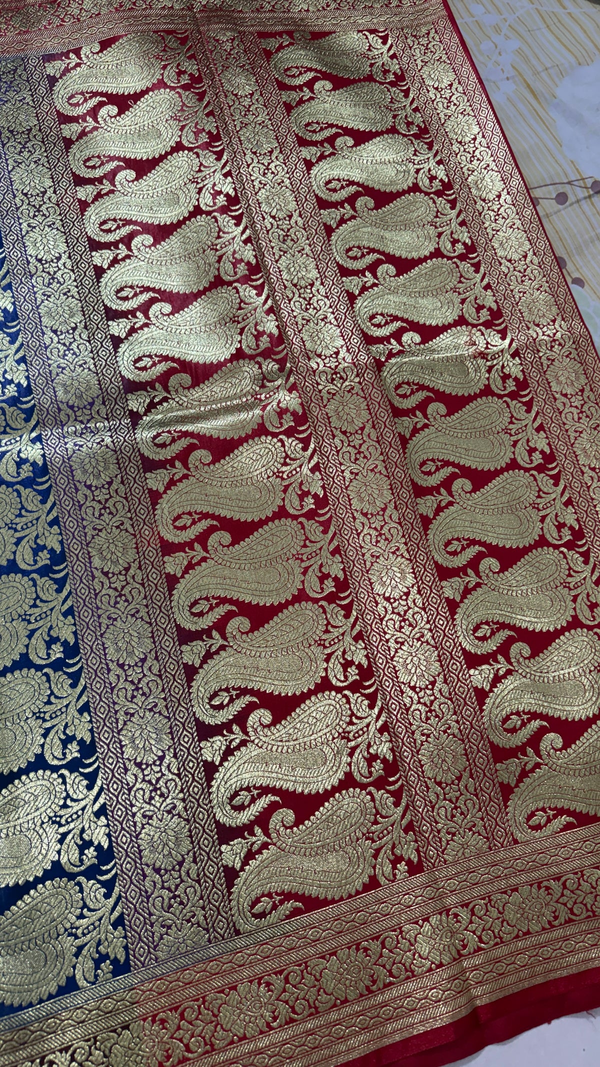 Royal Blue Red Banarasi Silk Saree, Gold Zari Floral Paisley (Wedding)