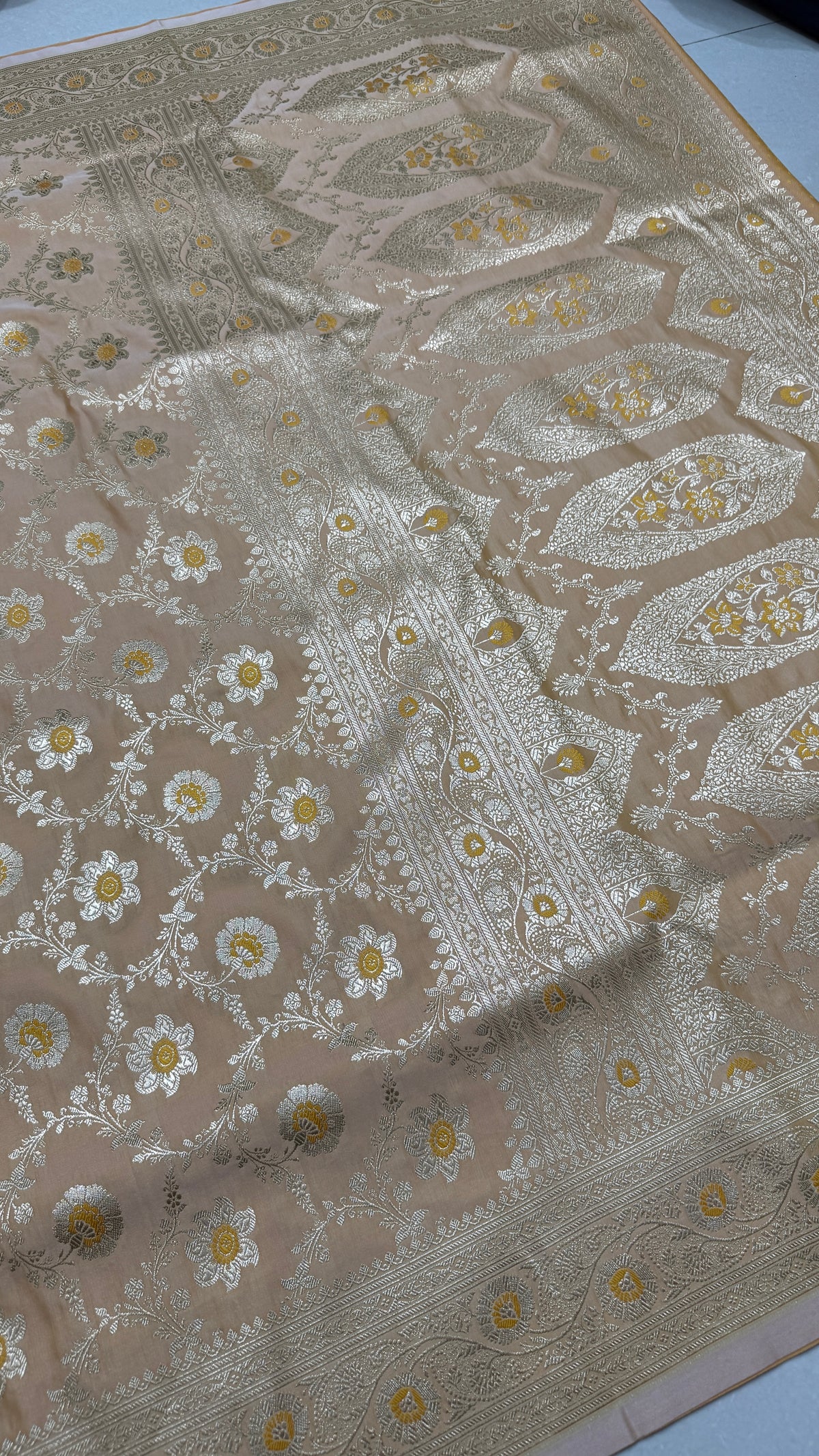 Pure Katan Silk Saree: Champagne Beige Floral Zari Woven Indian Wedding Festive Wear