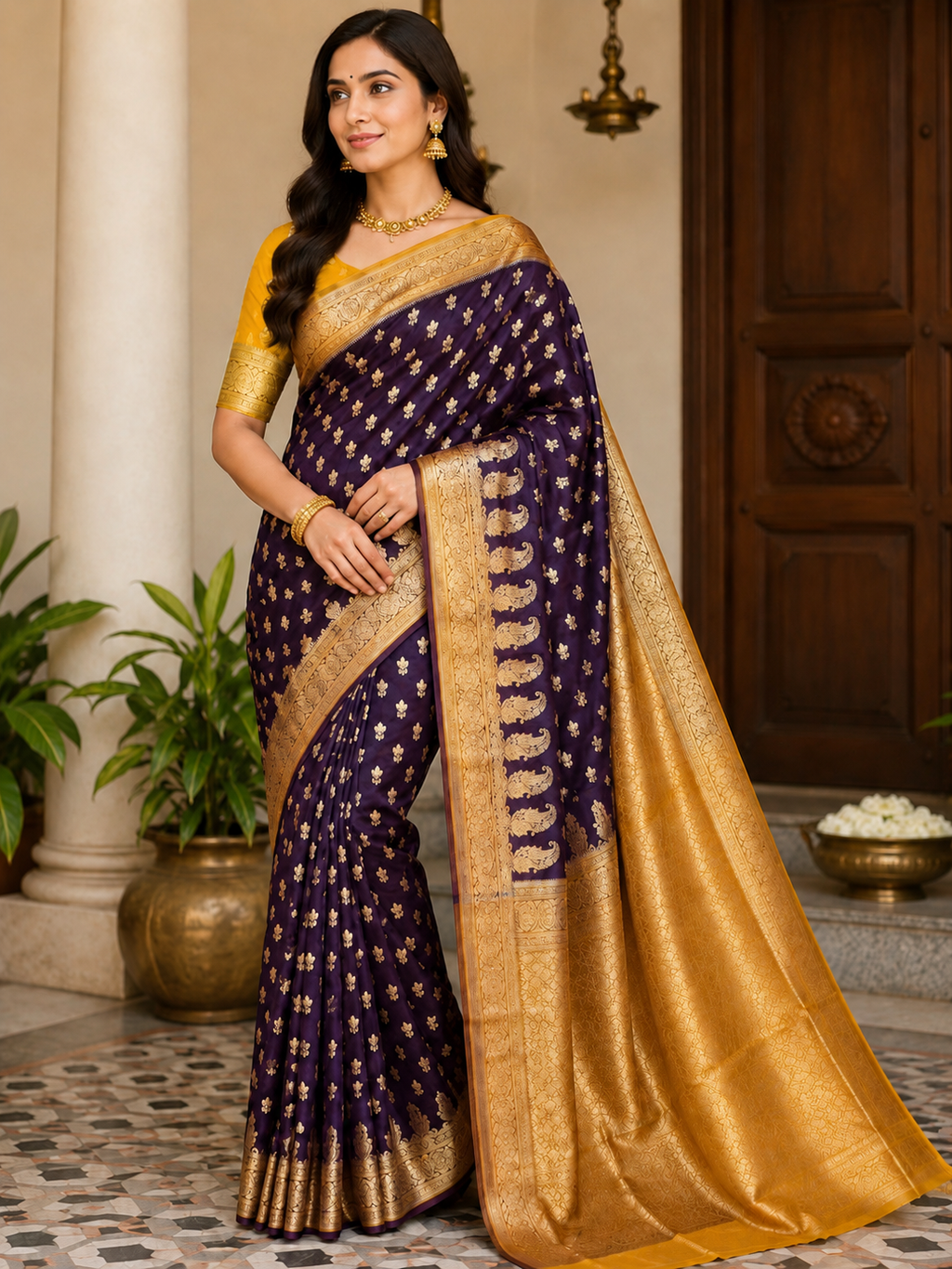 Banarasi Silk Saree, Purple & Gold Zari Woven, Traditional Indian Wedding Wear