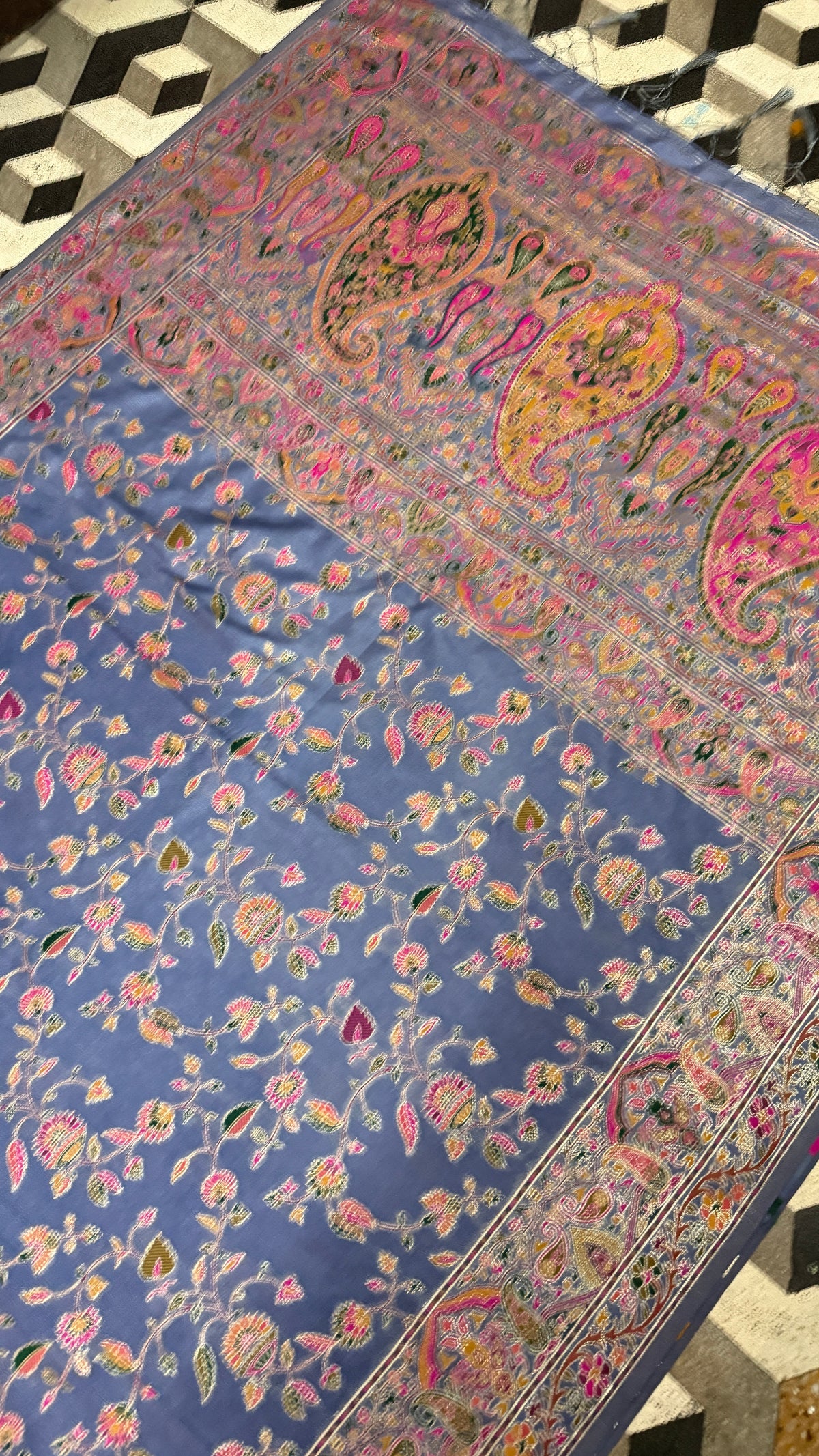 Steel Blue Pashmina Silk Saree, Kashmiri Floral Woven, Paisley Border, Indian Festive Wear