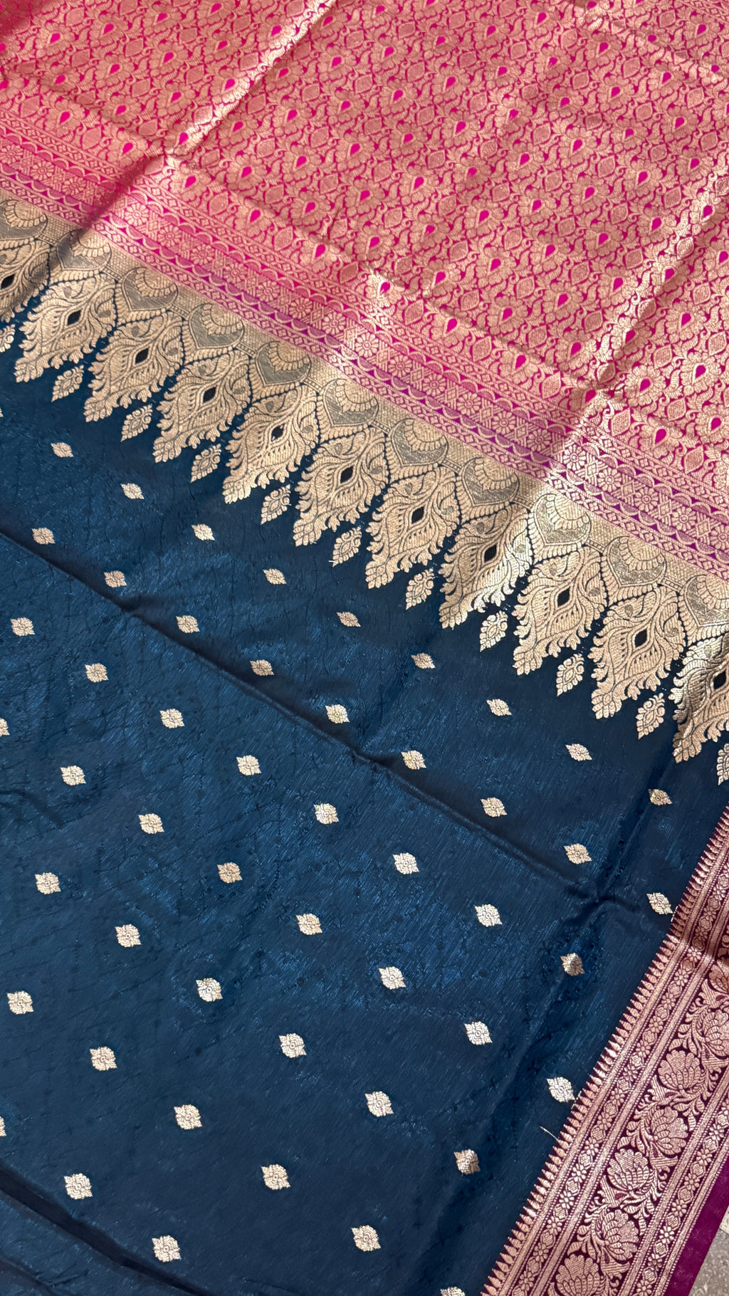 Navy Blue Pink Banarasi Silk Saree, Golden Zari Woven, Wedding Festive Wear