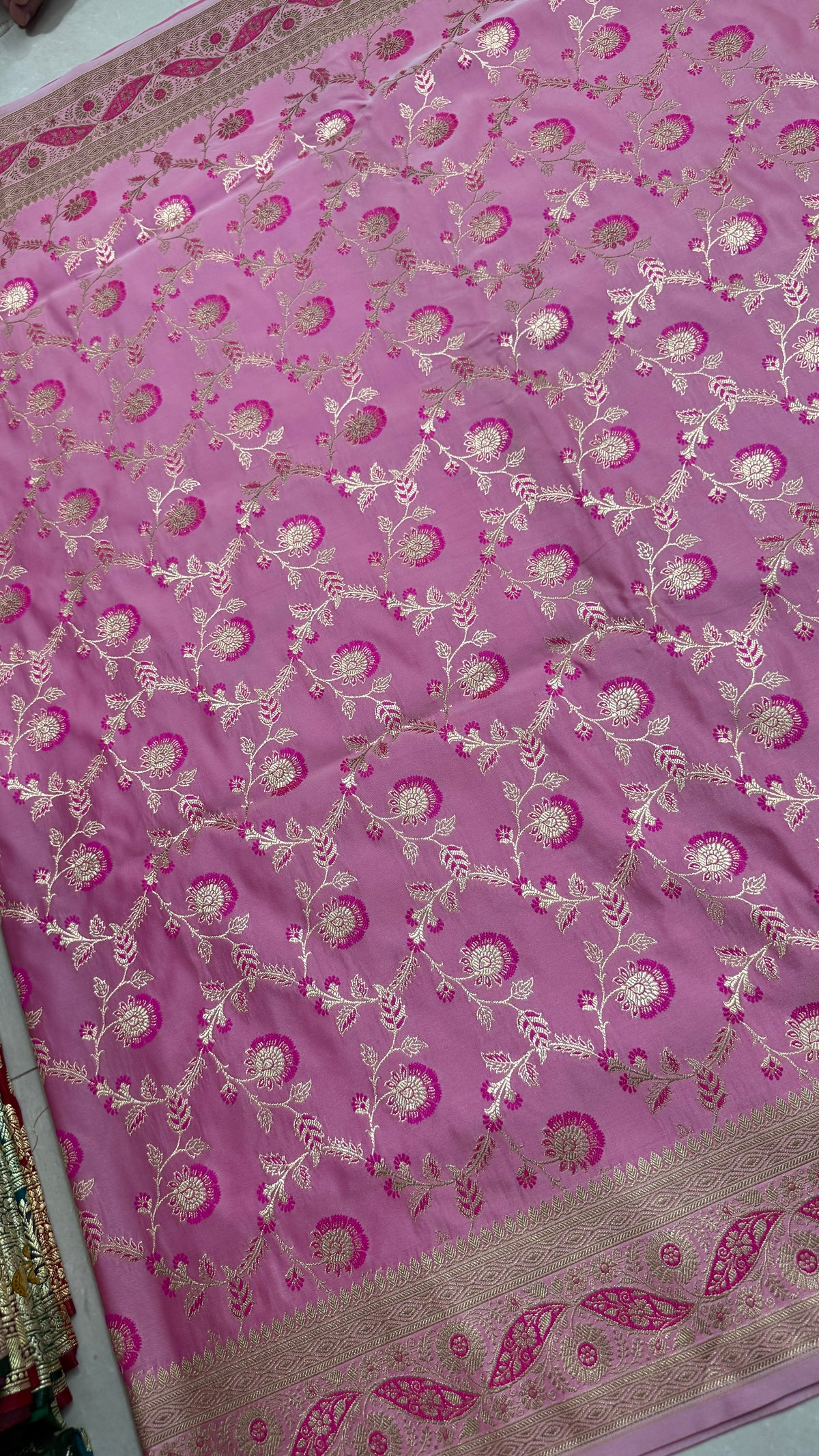 Pink Katan Silk Banarasi Saree, Gold Zari Floral Weave, Wedding Bridal Ethnic Wear