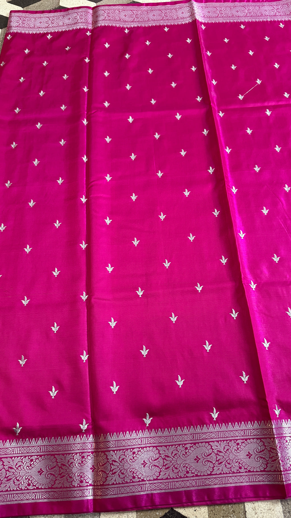 Rani Pink Satin Silk Saree, Silver Zari Border, Floral Motifs, Wedding Wear