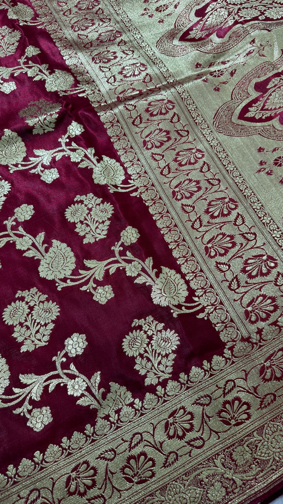 Maroon Banarasi Semi Katan Silk Saree, Golden Zari Floral, Wedding Festive Wear