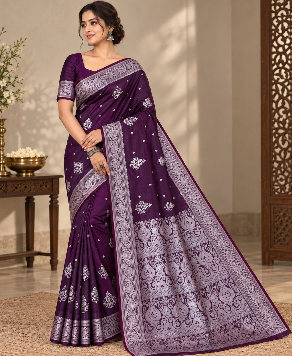 Deep Purple Satin Silk Saree, Silver Zari Border, Festive Indian Wedding Wear