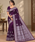 Deep Purple Satin Silk Saree, Silver Zari Border, Festive Indian Wedding Wear