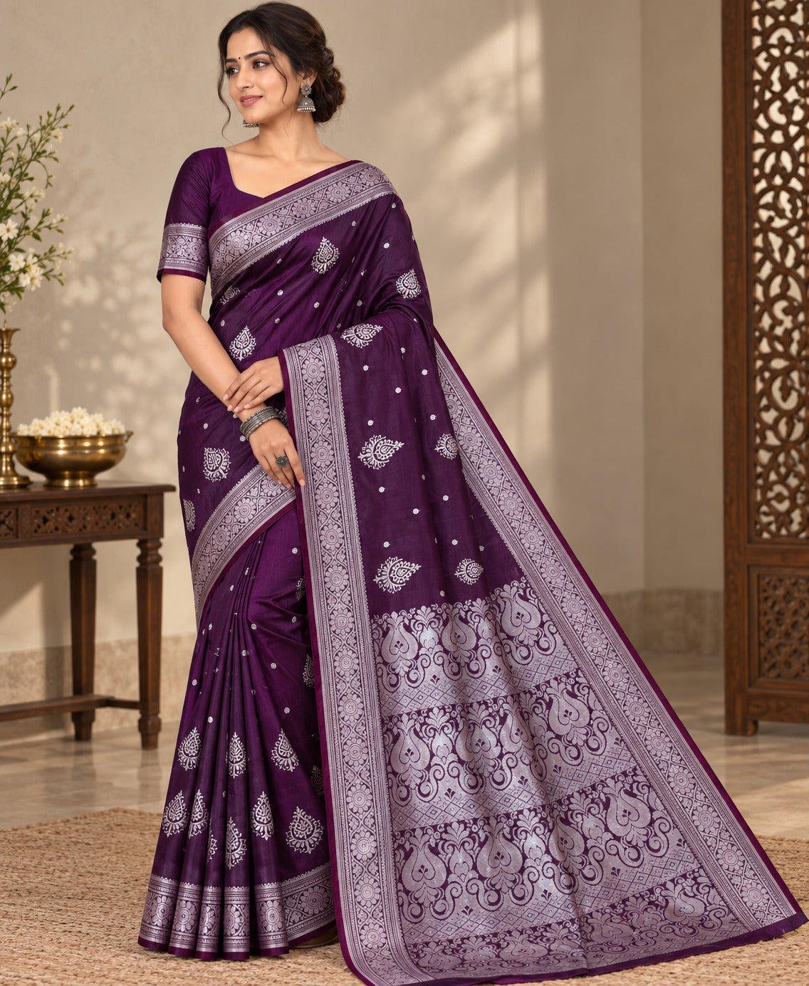 Deep Purple Satin Silk Saree, Silver Zari Border, Festive Indian Wedding Wear