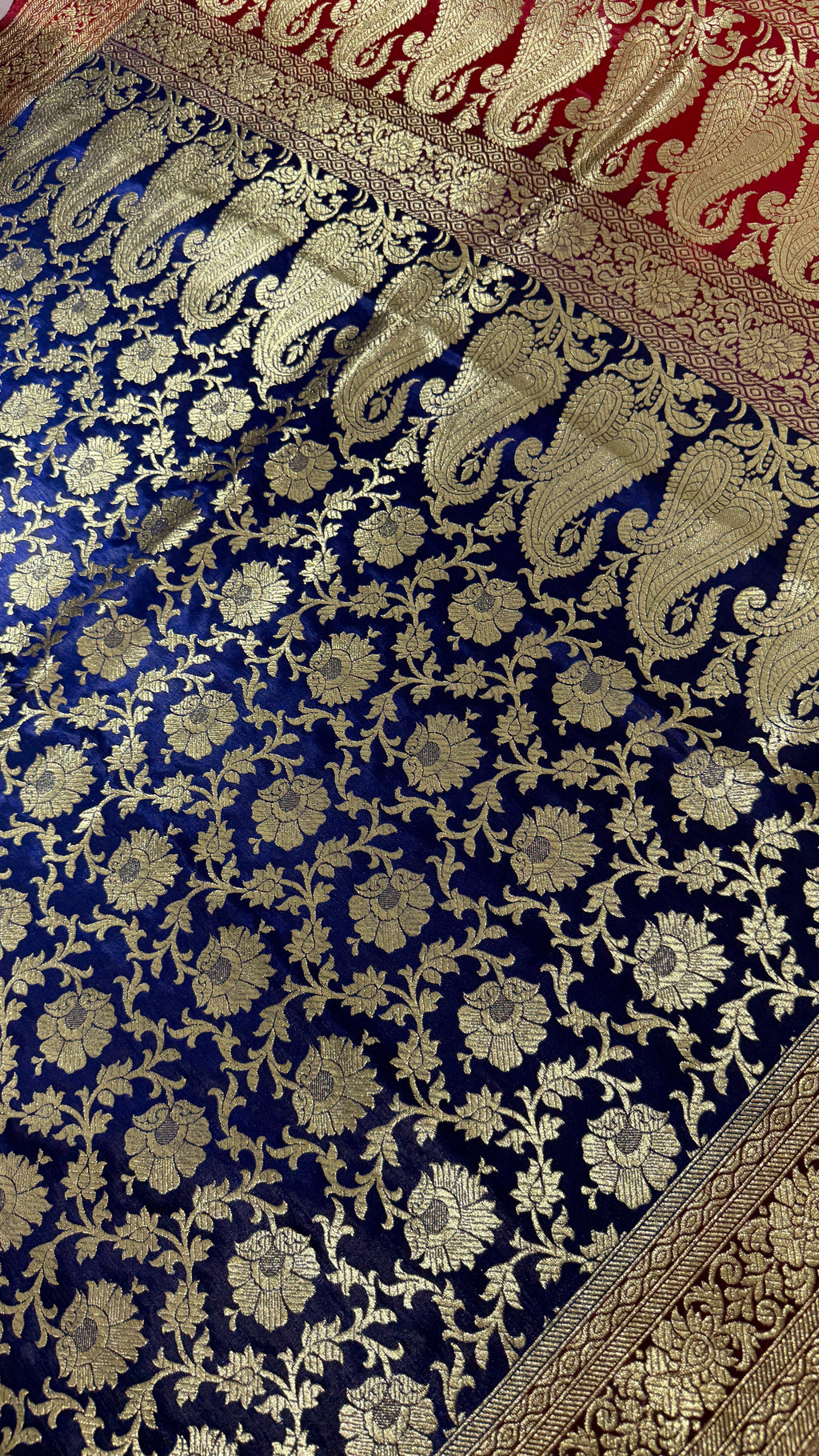 Royal Blue Red Banarasi Silk Saree, Gold Zari Floral Paisley (Wedding)