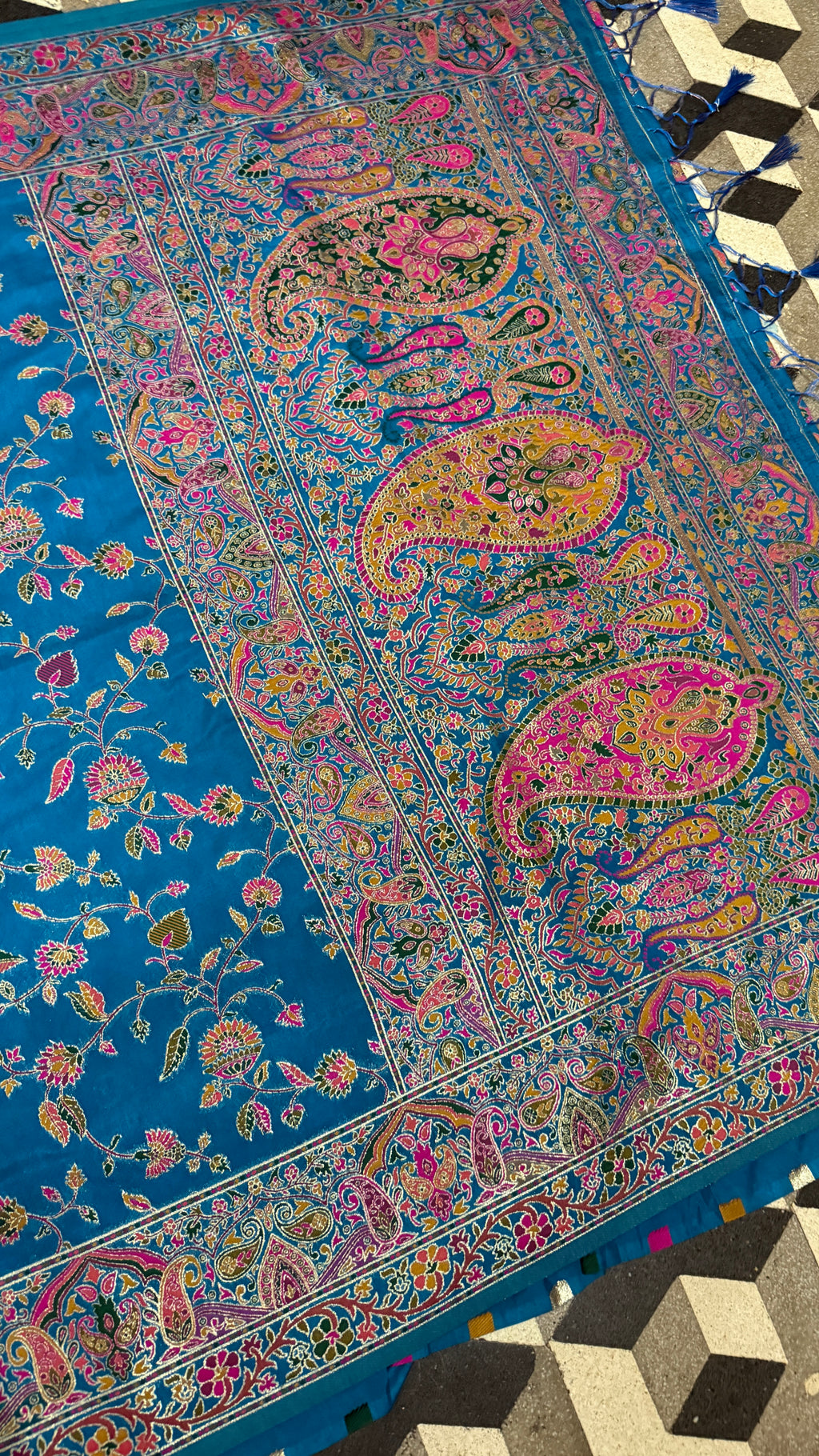 Royal Blue Pashmina Silk Saree, Kashmiri Floral Paisley Woven Indian Wedding Wear
