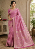 Pink Katan Silk Banarasi Saree, Gold Zari Floral Weave, Wedding Bridal Ethnic Wear