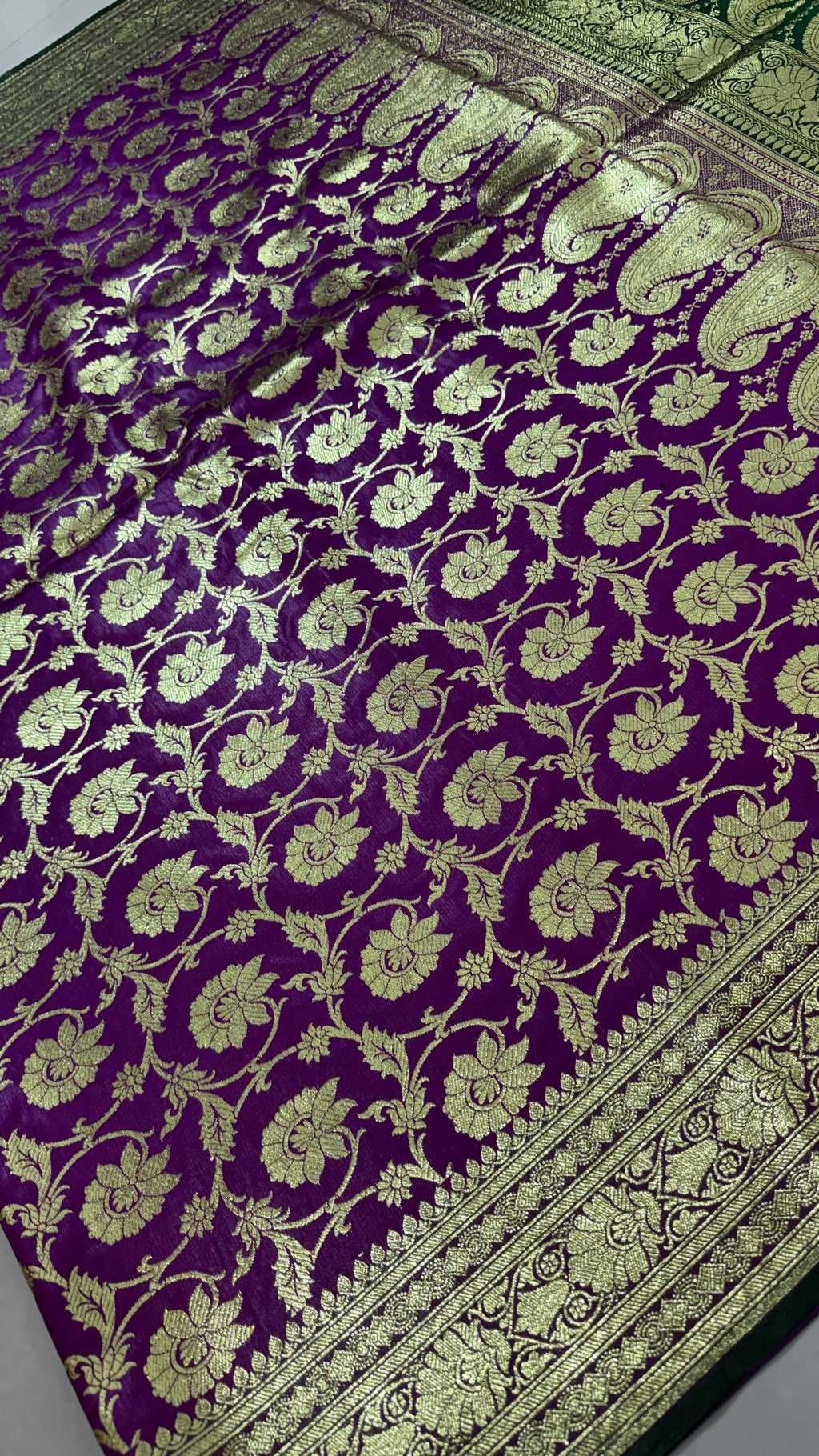 Purple Green Banarasi Silk Saree, Gold Zari Floral Paisley Wedding Saree