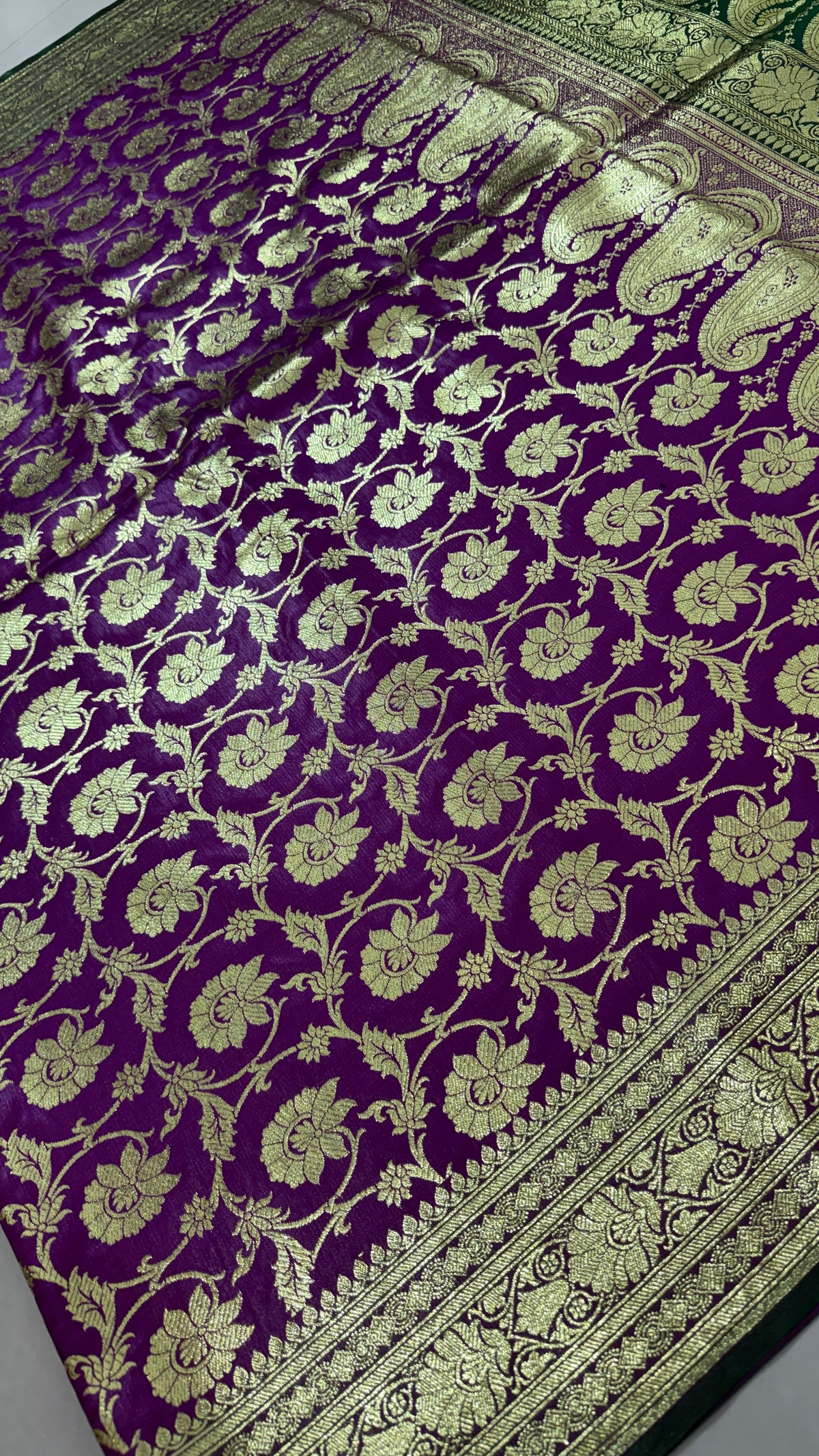 Purple Green Banarasi Silk Saree, Gold Zari Floral Paisley Wedding Saree