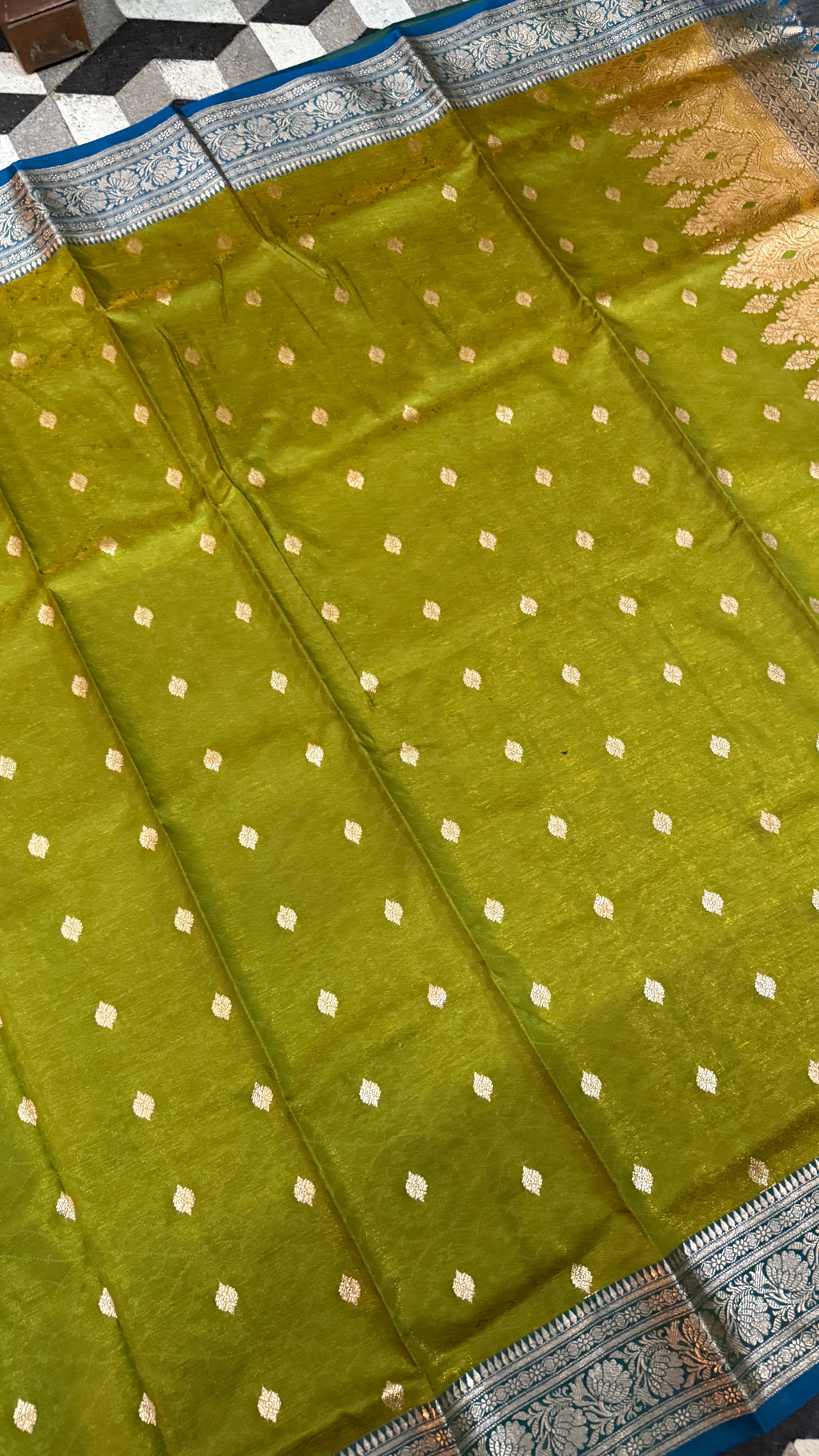 Olive Green Banarasi Silk Saree, Blue Zari Woven Border, Traditional Indian Wedding Wear