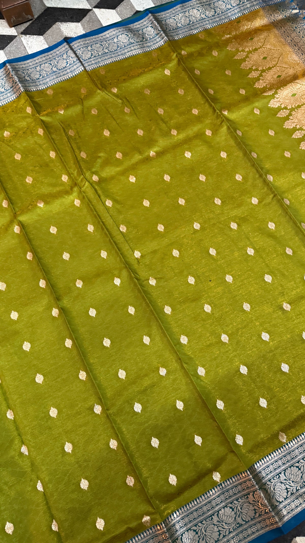 Olive Green Banarasi Silk Saree, Blue Zari Woven Border, Traditional Indian Wedding Wear