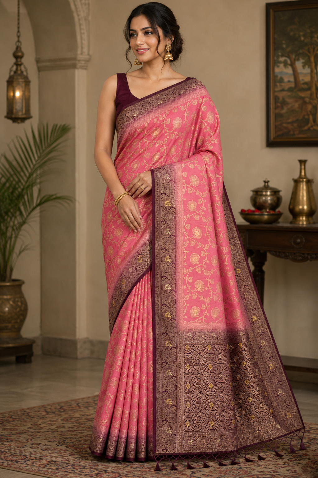 Pink Dola Silk Saree, Banarasi Zari Woven Floral Motifs, Maroon Border, Festive Wear