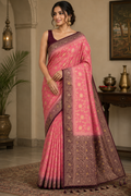 Pink Dola Silk Saree, Banarasi Zari Woven Floral Motifs, Maroon Border, Festive Wear