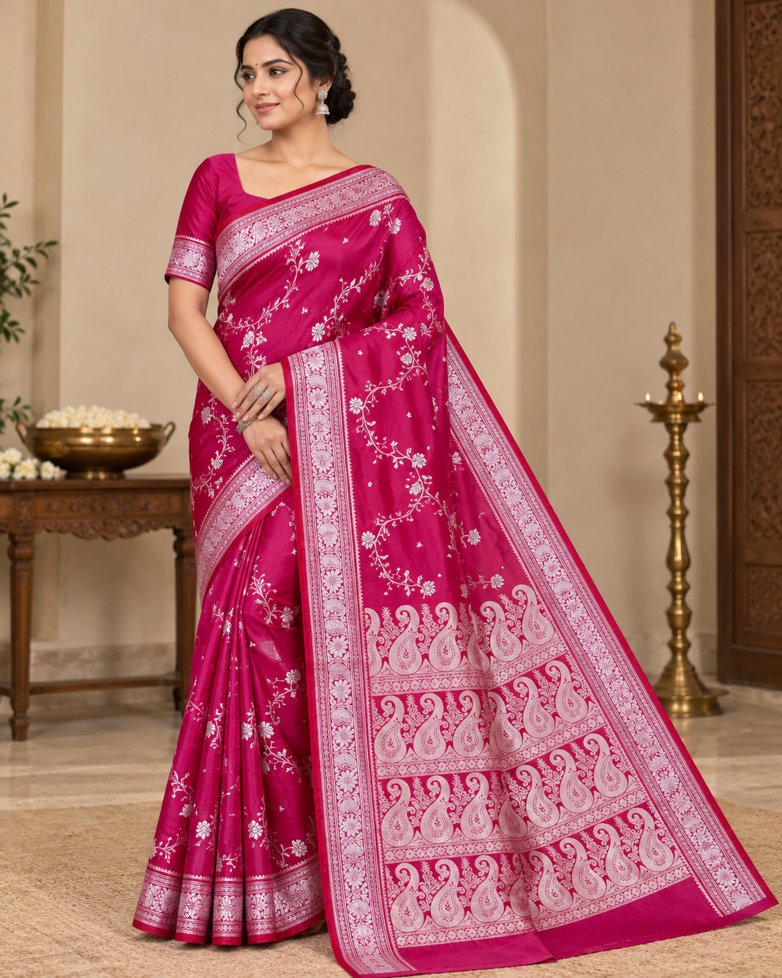 Magenta Satin Silk Saree, Floral Paisley Woven Design, Wedding Party Wear
