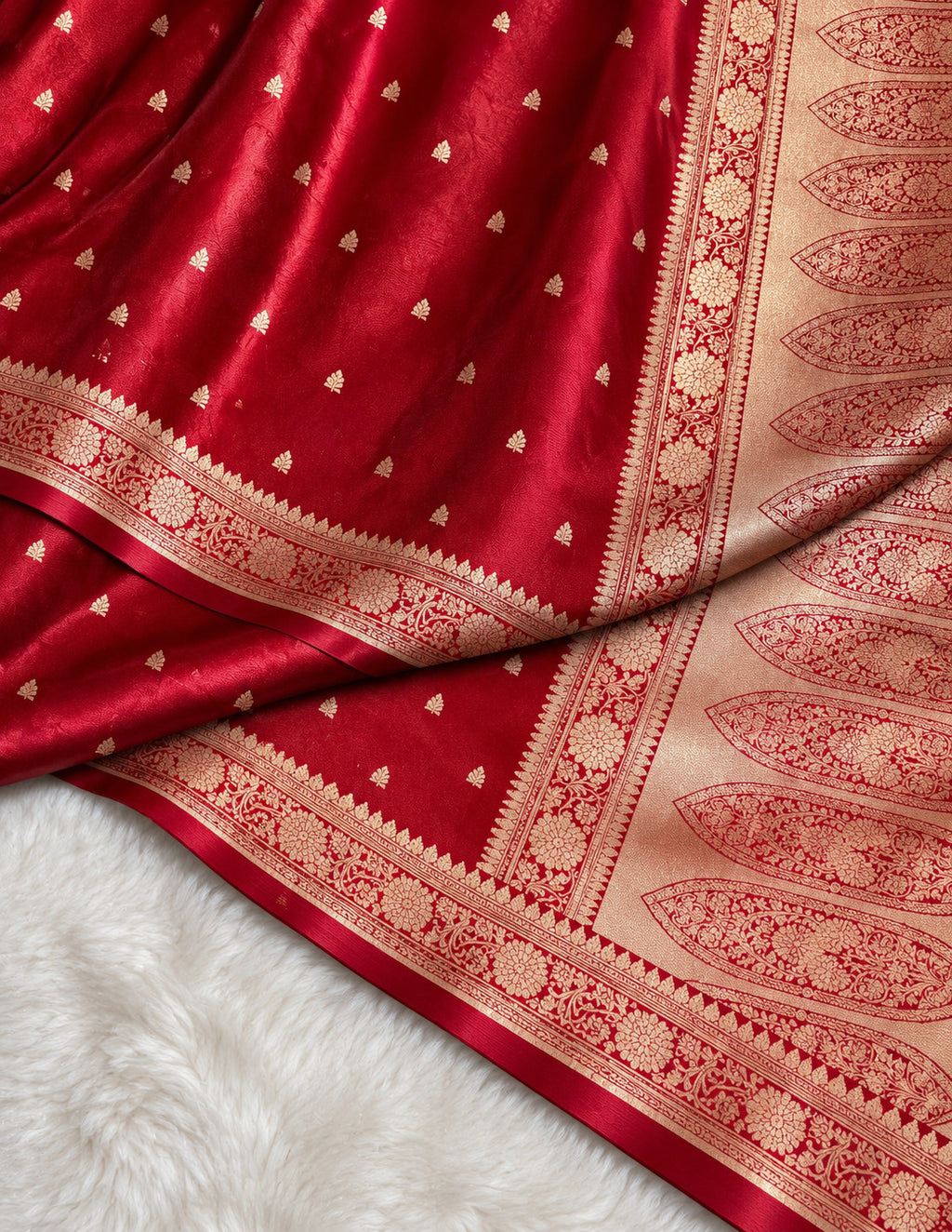 Red Banarasi Mashru Silk Saree, Gold Zari Woven, Traditional Indian Wedding Saree