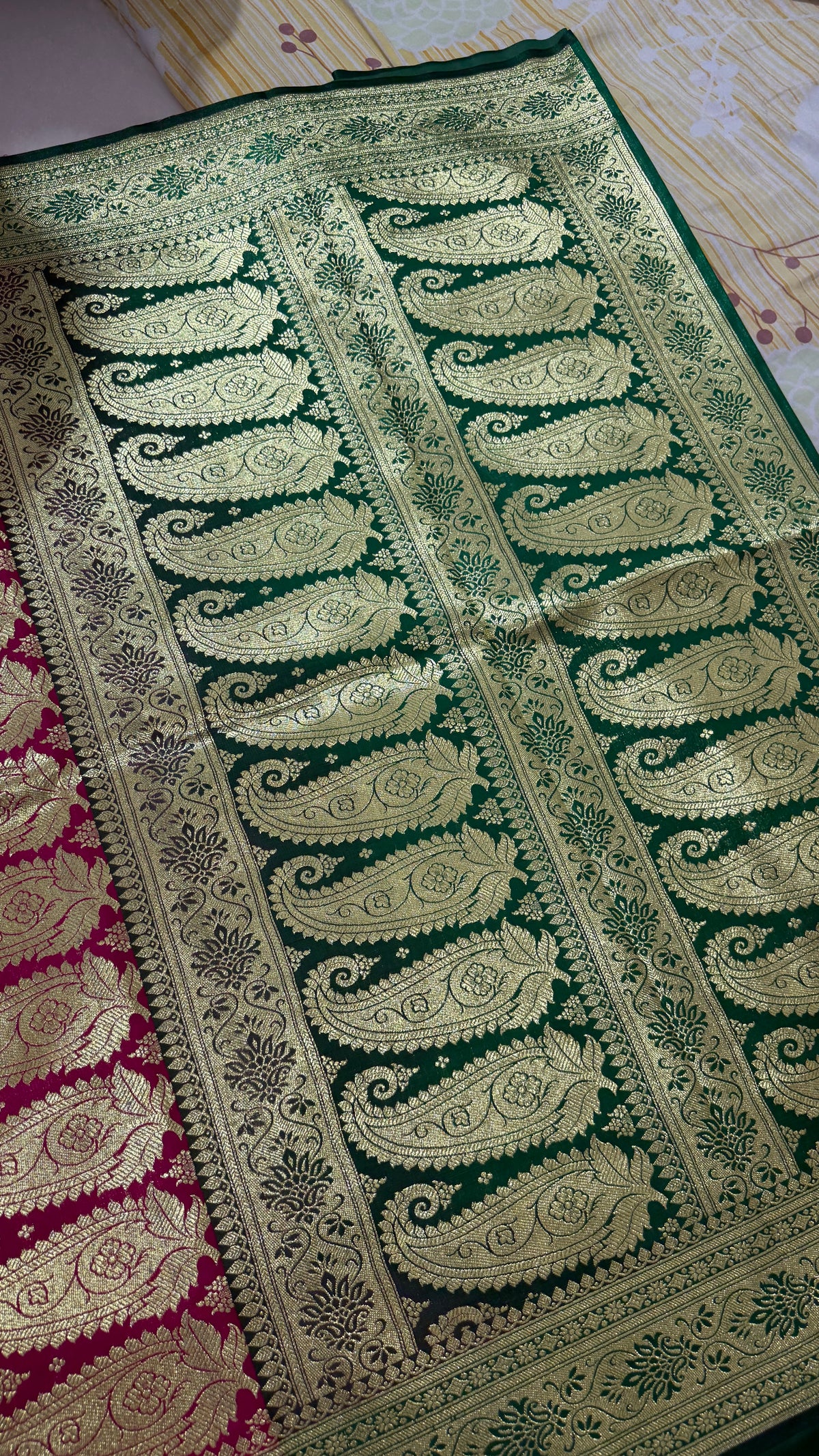Magenta Green Banarasi Silk Saree, Gold Zari Floral Paisley Wedding Saree