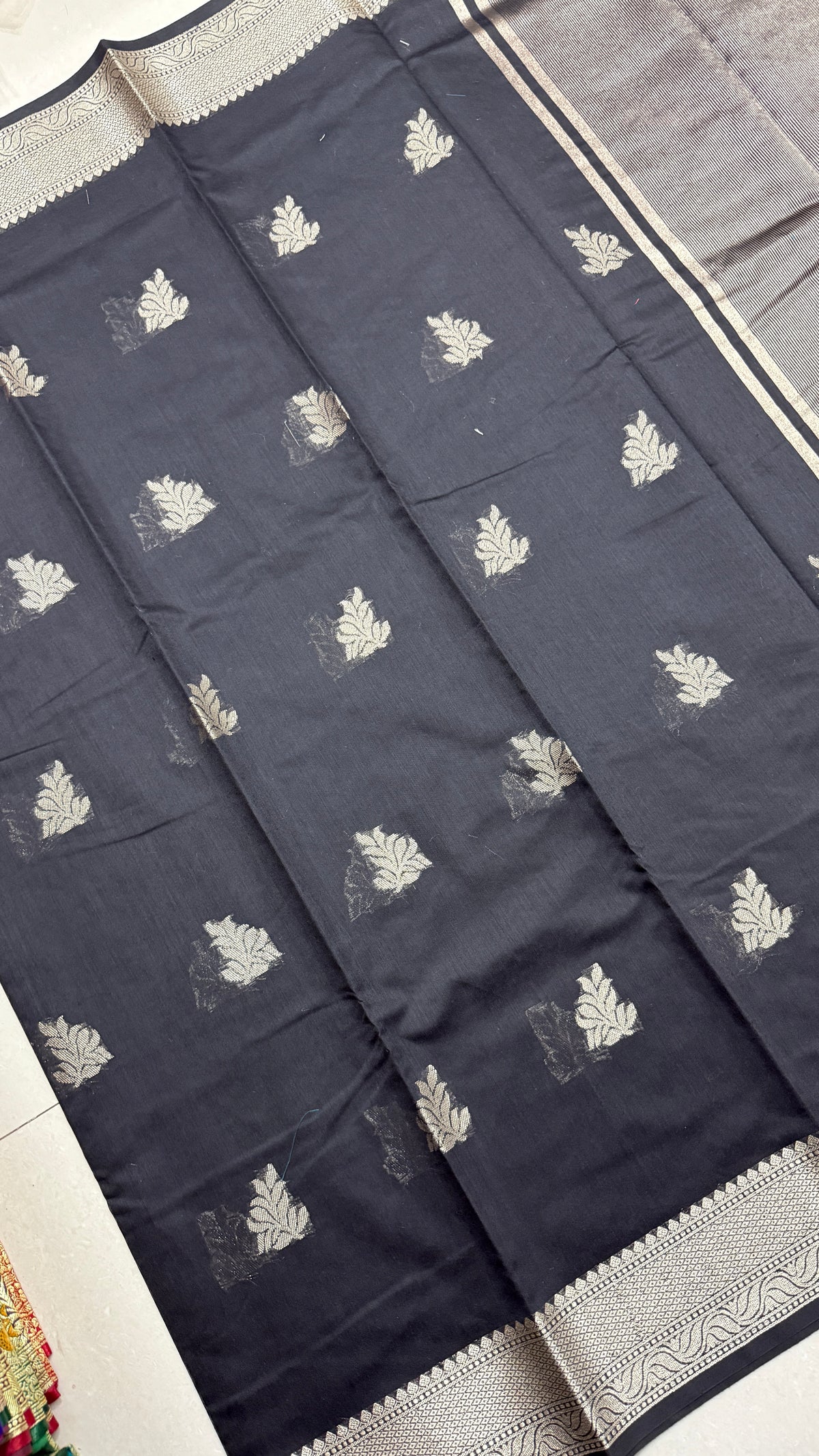 Black Cotton Saree, Silver Zari Woven Border, Traditional Indian Festive Wear
