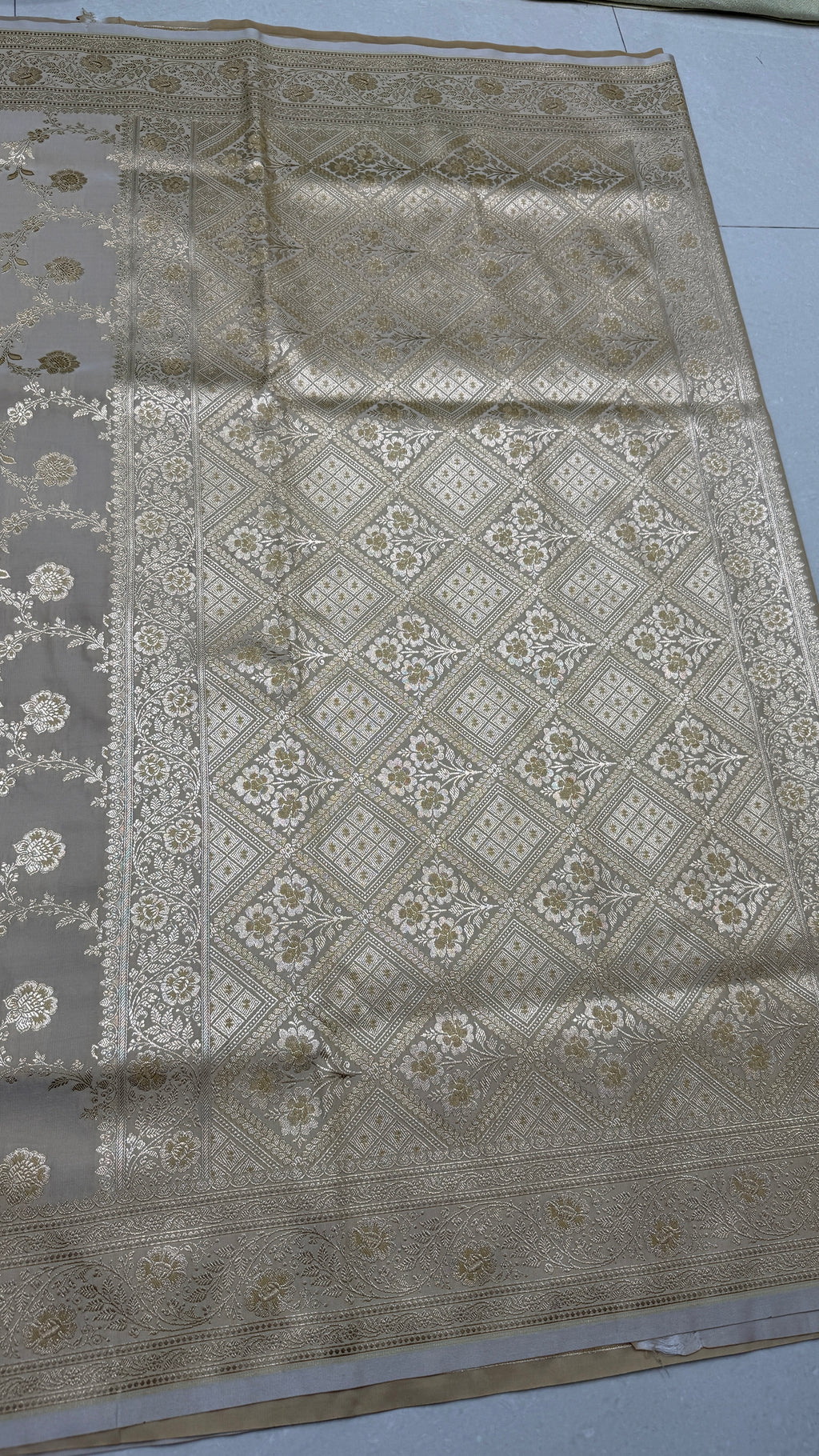 Pure Katan Silk Banarasi Saree – Ivory Gold Zari Handwoven Wedding Saree