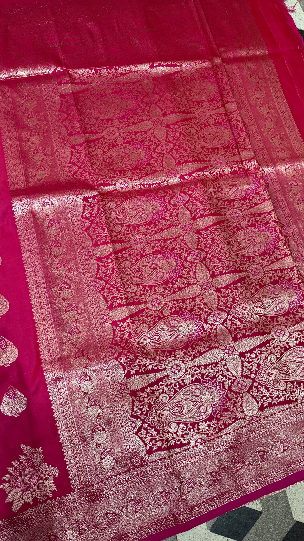 Emerald Green Banarasi Silk Saree, Rose Gold Zari Woven Border, Indian Wedding Festive Wear (Copy 9)