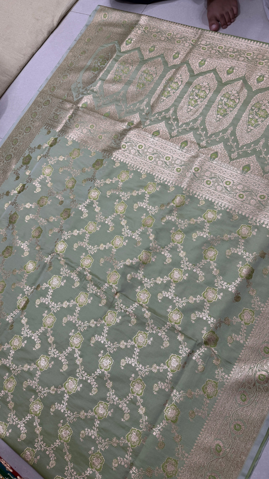 Pure Katan Silk Saree: Sage Green Zari Weave, Floral Motifs, Traditional Indian Wedding Wear