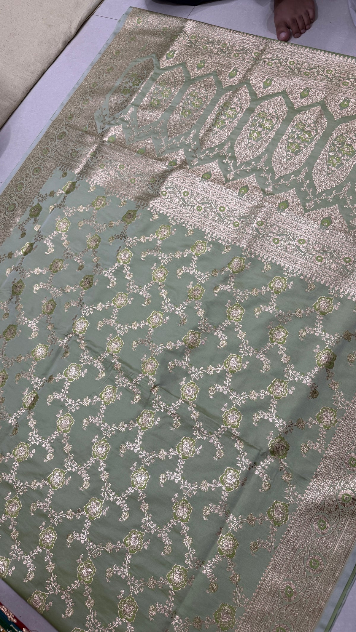Pure Katan Silk Saree: Sage Green Zari Weave, Floral Motifs, Traditional Indian Wedding Wear