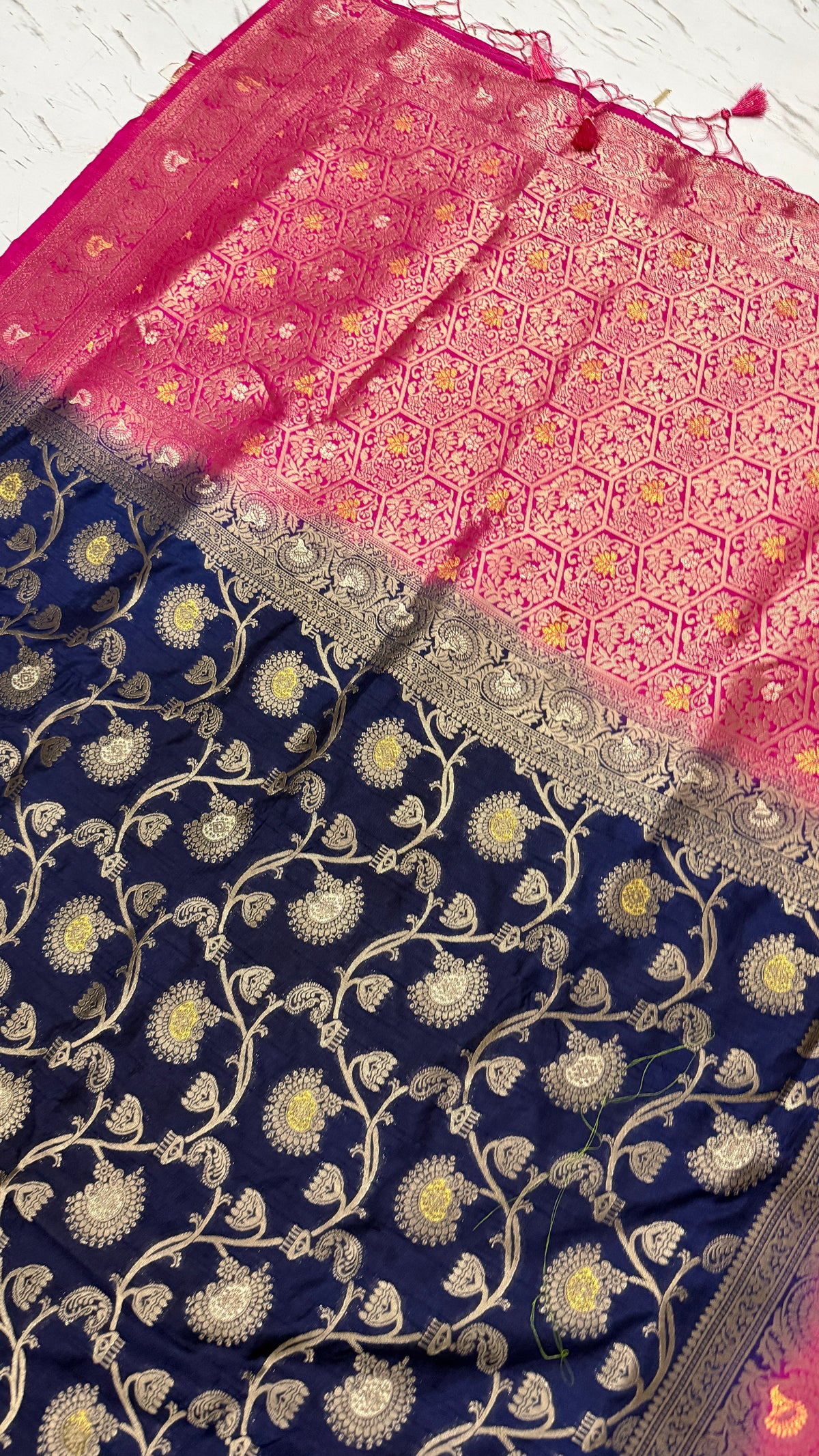 Navy Blue Dola Silk Saree, Banarasi Zari Woven, Pink Border, Floral Motifs, Festive Wear