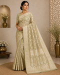 Pure Katan Silk Saree: Champagne Beige Zari Woven, Floral Motifs, Traditional Indian Wedding Wear