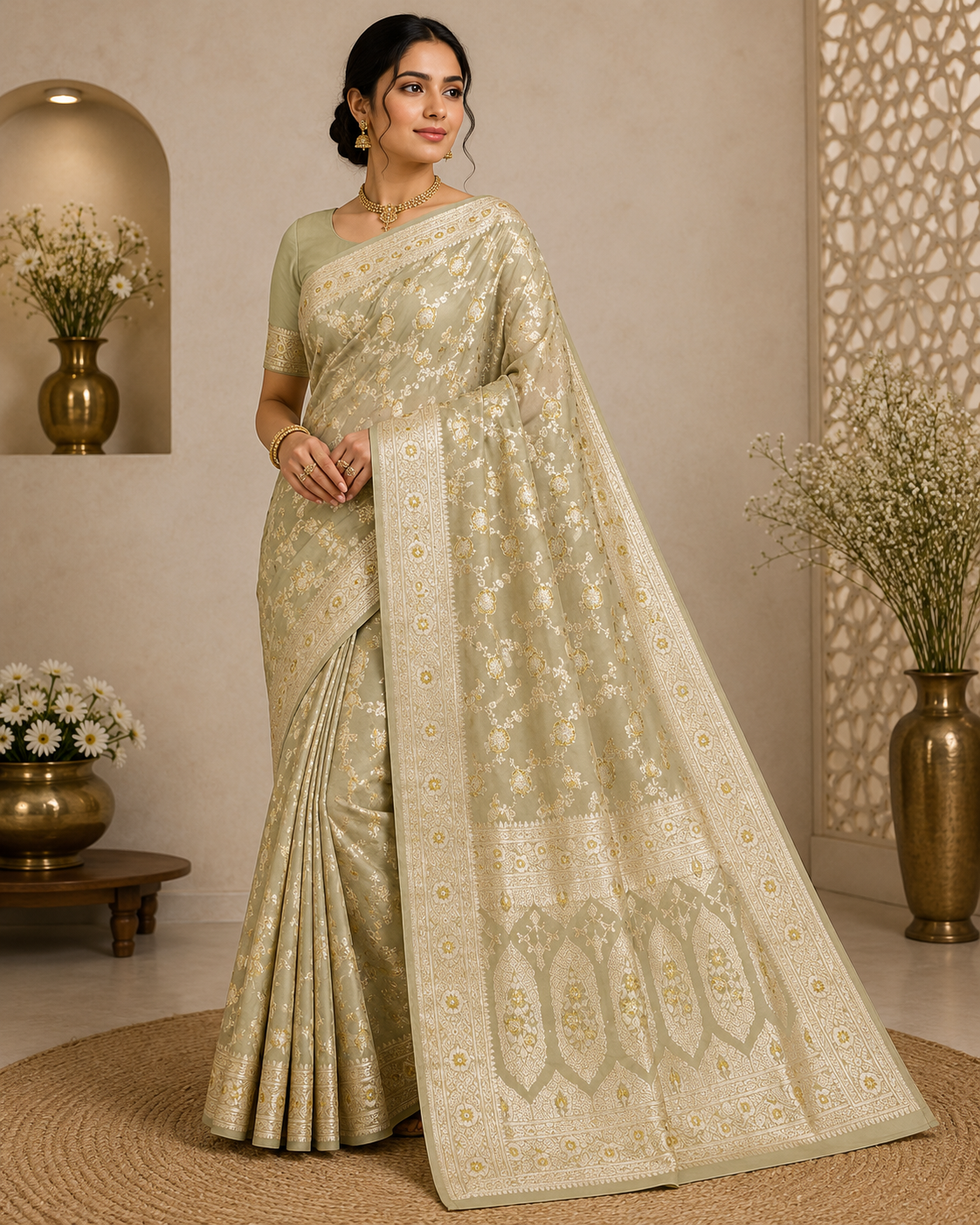 Pure Katan Silk Saree: Champagne Beige Zari Woven, Floral Motifs, Traditional Indian Wedding Wear